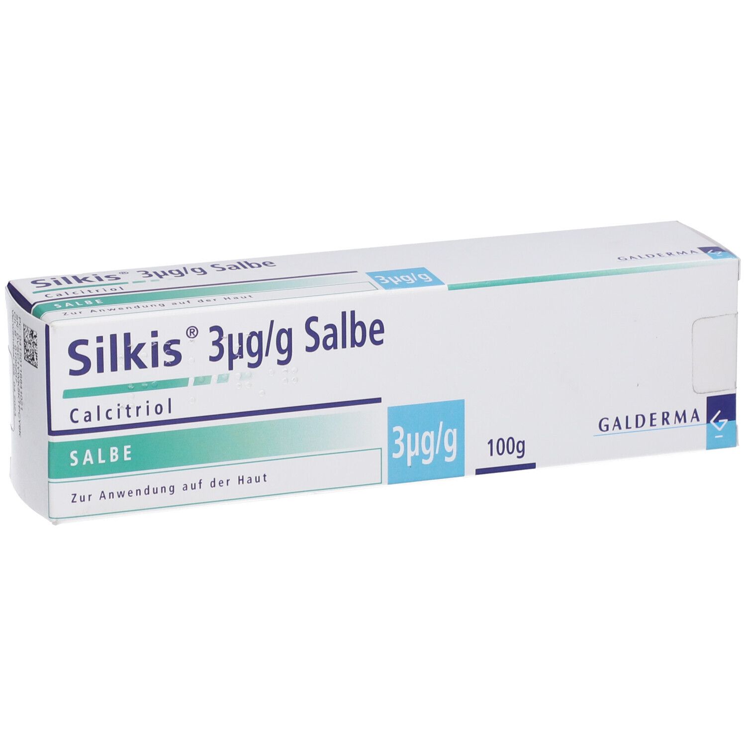 Schachtel Silkis 3µg/g Salbe, Calcitriol, Salbe. Blaue und grüne Akzente. Galderma Logo.