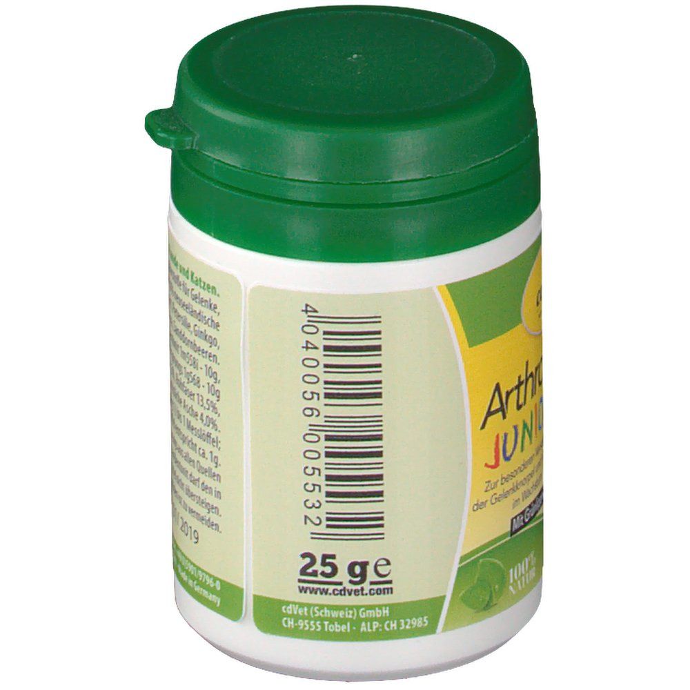 Dose mit grünem Deckel. Aufkleber mit Produktnamen, Barcode und Inhaltsangabe: 25 g. Herstellerinformationen.