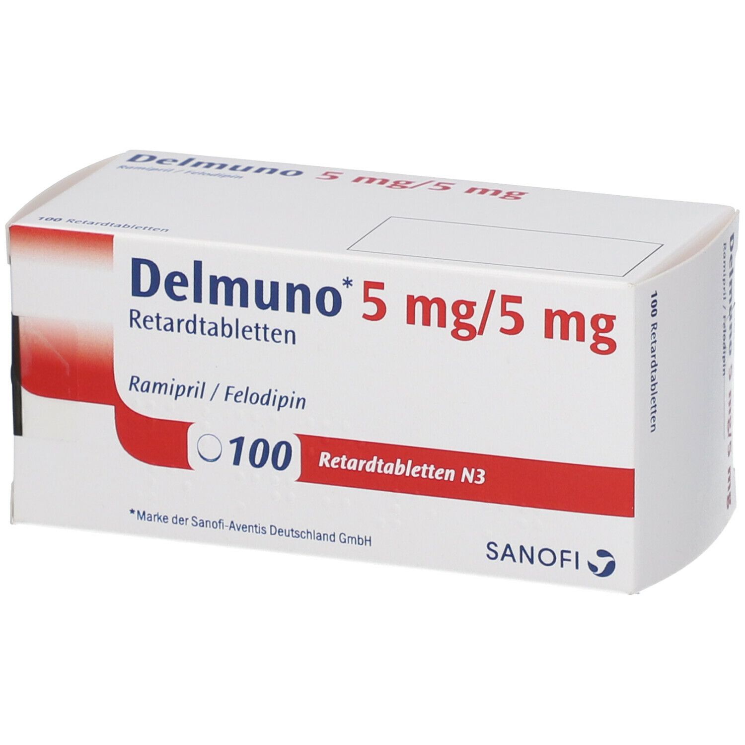 Schachtel Delmuno 5 mg/5 mg Retardtabletten. 100 Tabletten. Sanofi-Logo. Rote und weiße Verpackung.