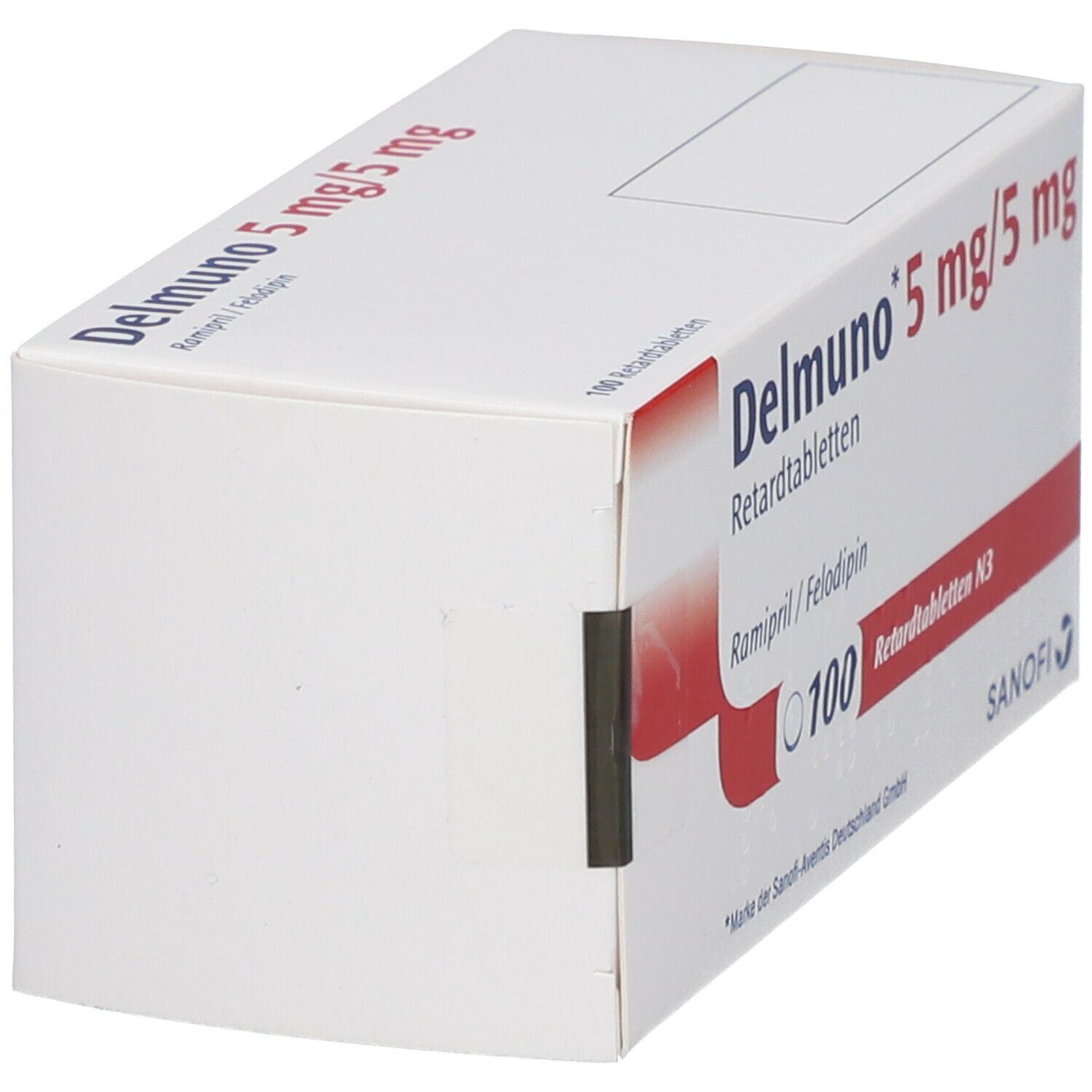 Schachtel Delmuno 5 mg/5 mg Retardtabletten. Weiße Schachtel mit rotem Streifen und Text.
