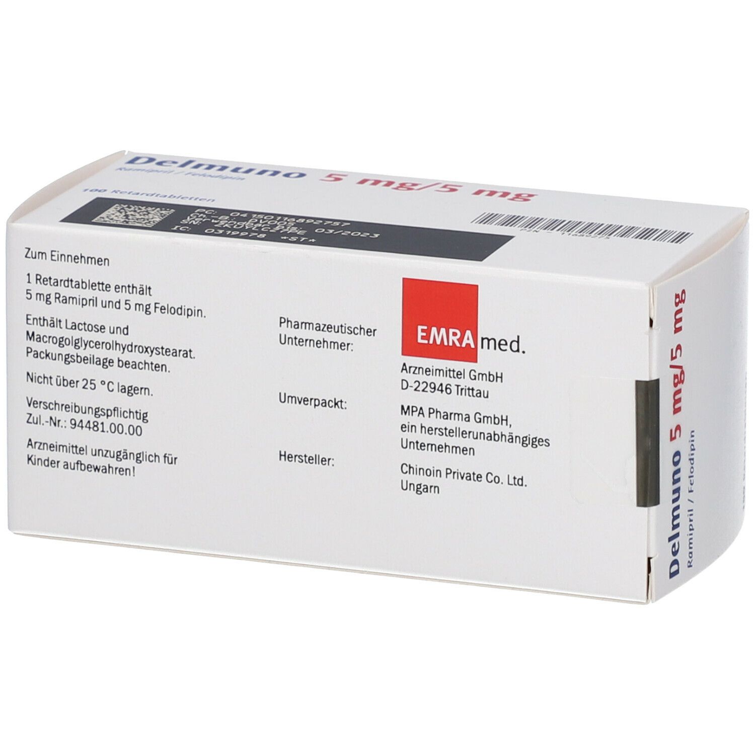 Rückseite der Delmuno 5 mg/5 mg Retardtabletten-Schachtel. Text und Barcode. Herstellerinformationen.