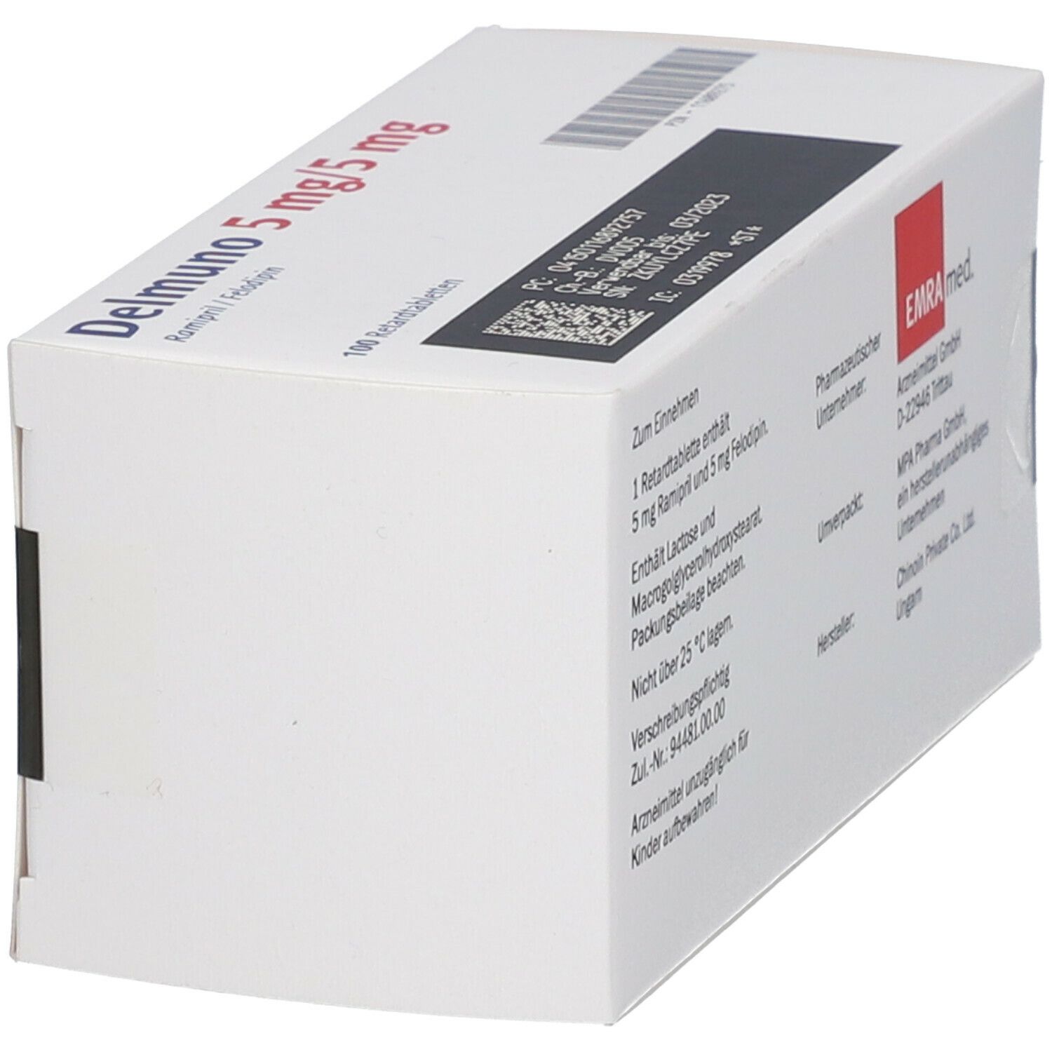 Seite der Delmuno 5 mg/5 mg Retardtabletten-Schachtel. Text und Barcode. Weiße Verpackung.