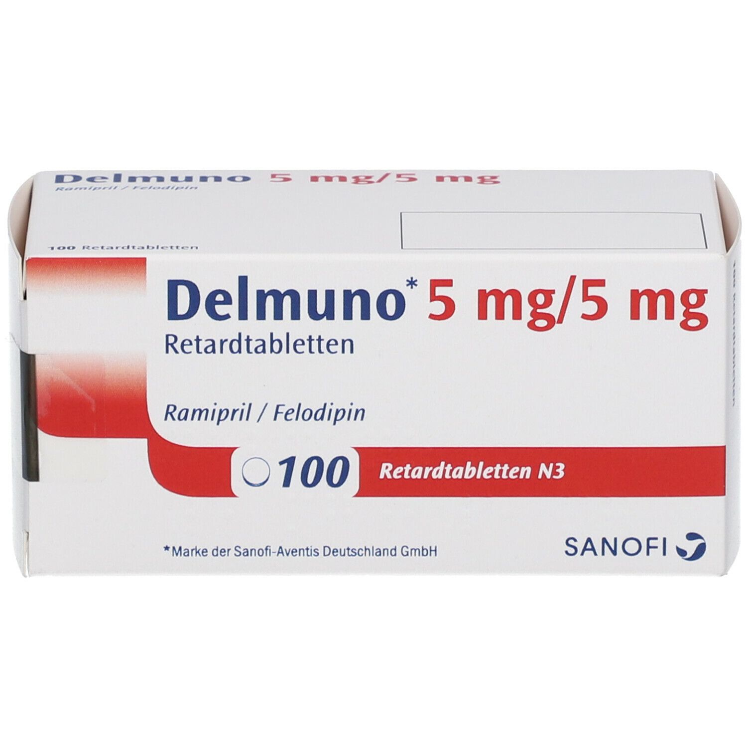 Delmuno 5 mg/5 mg Retardtabletten-Schachtel. 100 Tabletten. Rote und weiße Verpackung. Sanofi-Logo.