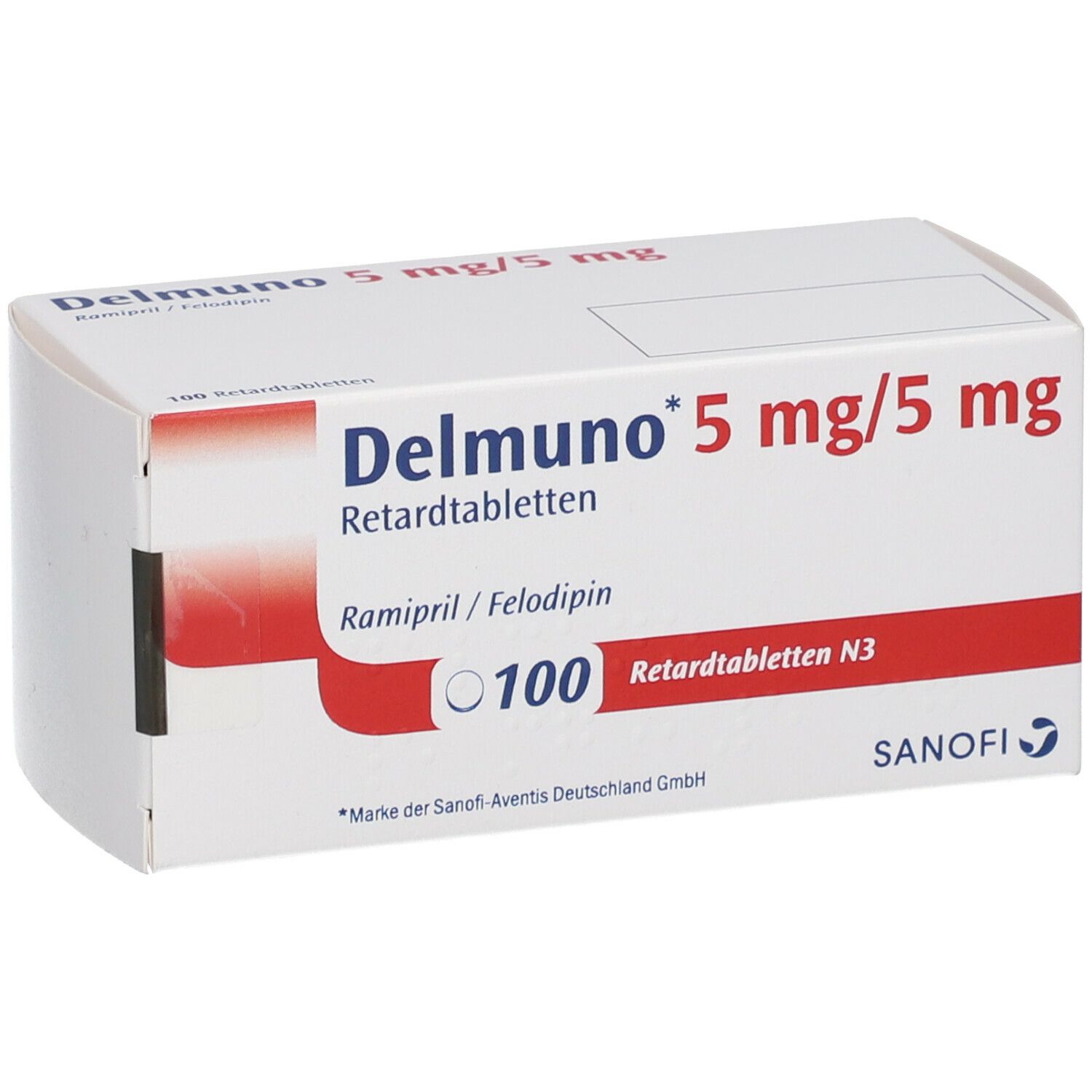 Delmuno 5 mg/5 mg Retardtabletten-Schachtel. 100 Tabletten. Sanofi-Logo. Rote und weiße Verpackung.