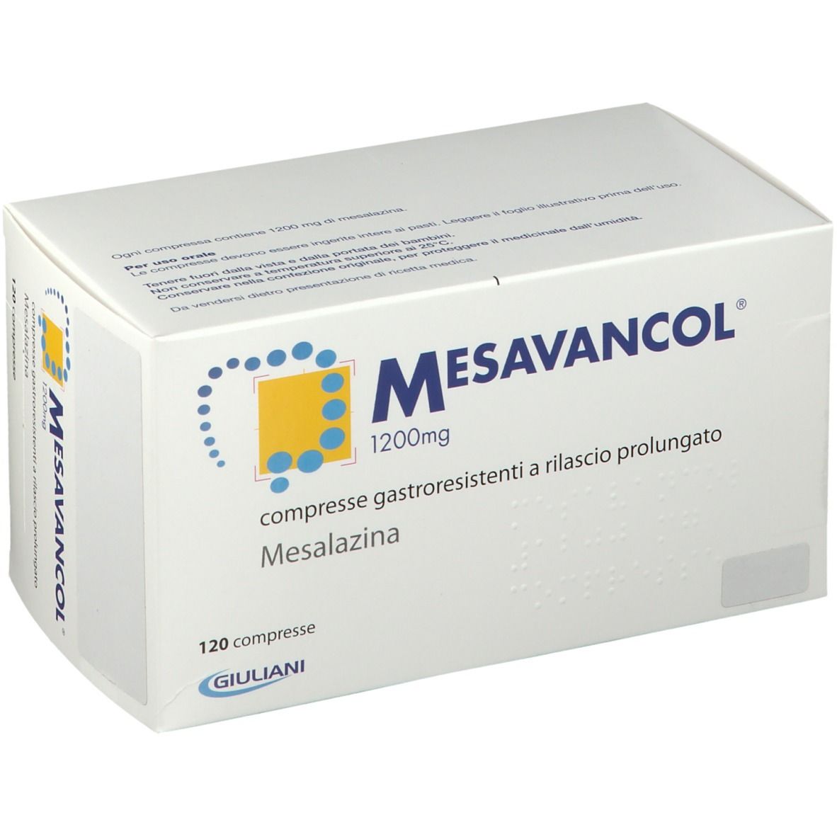 Weiße Schachtel mit Mesavancol 1200 mg. Blaue und gelbe Grafik. 120 Tabletten. Giuliani Logo.