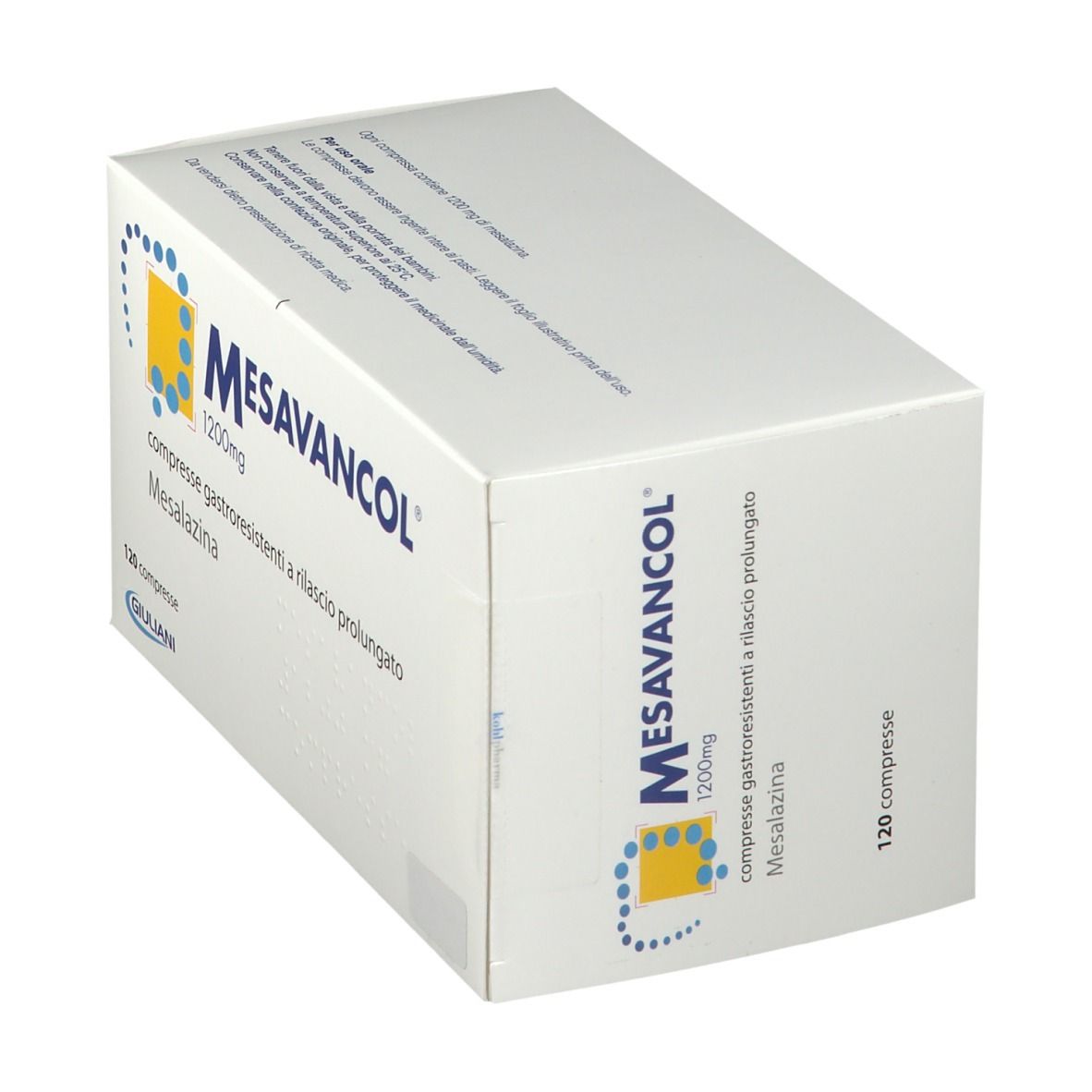 Schachtel Mesavancol 1200 mg, weiß. Blaue und gelbe Grafik. 120 Tabletten. Giuliani Logo.