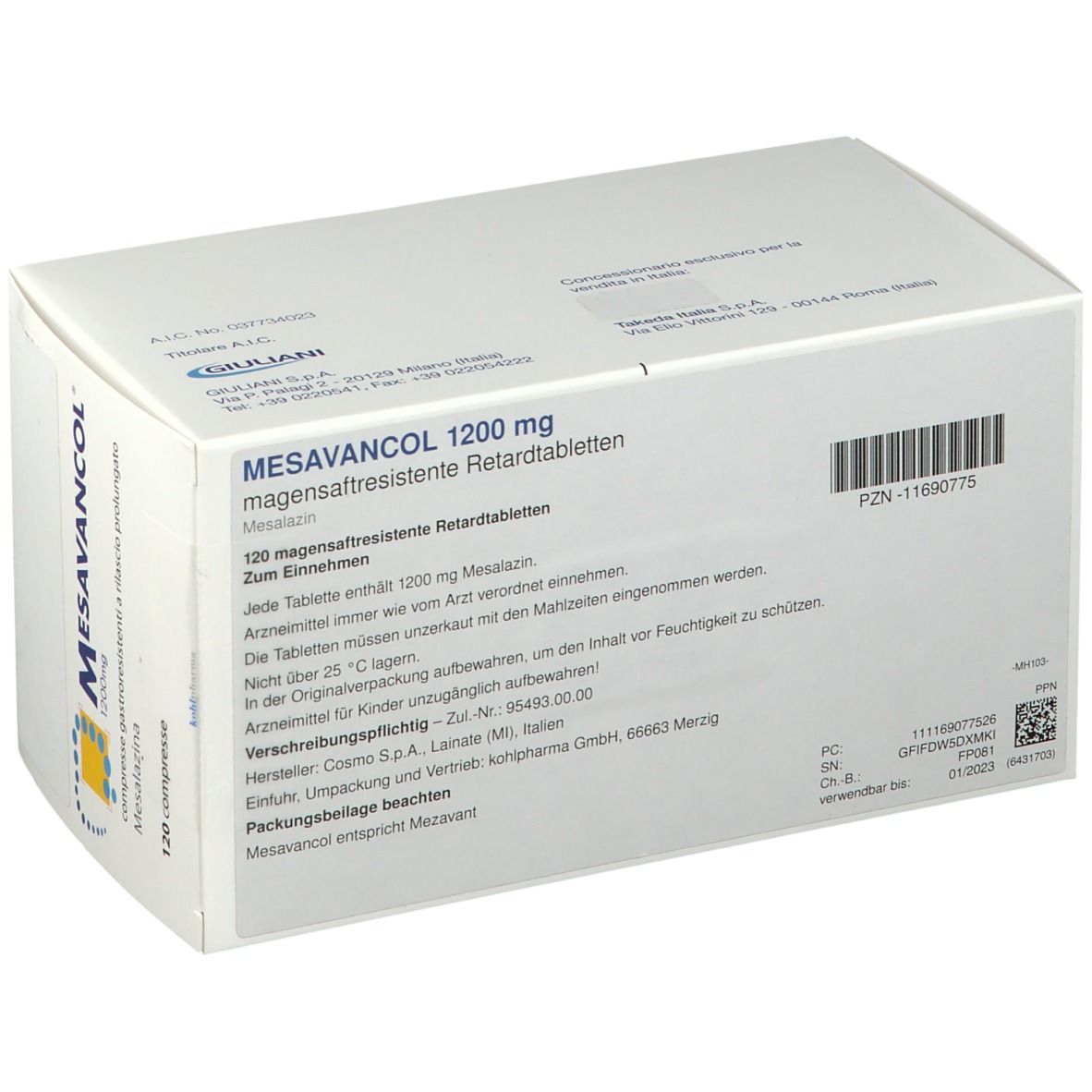 Weiße Schachtel Mesavancol 1200 mg. Text und Barcode. 120 magensaftresistente Retardtabletten.