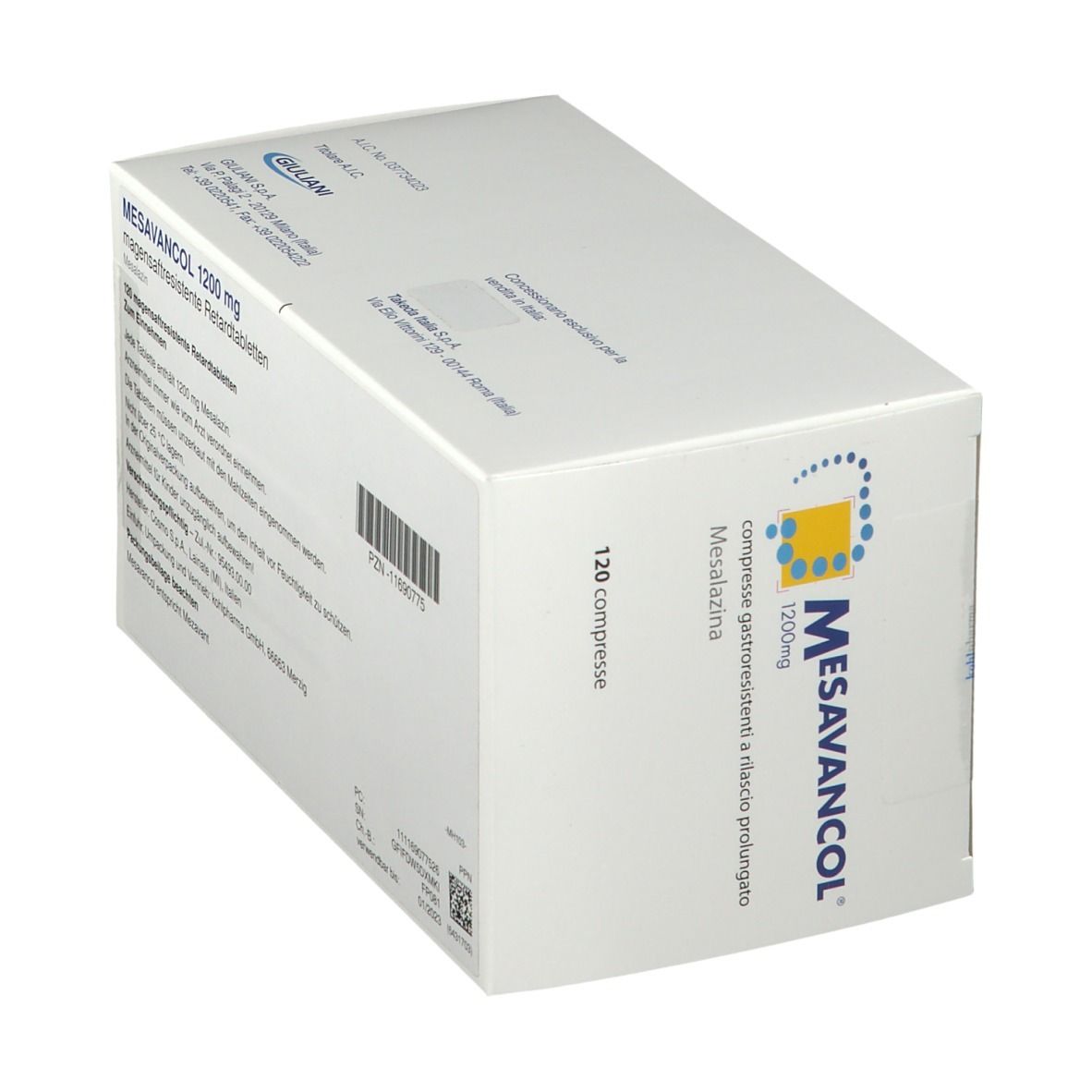 Weiße Schachtel Mesavancol 1200 mg. Text und Barcode. 120 Tabletten. Giuliani Logo.
