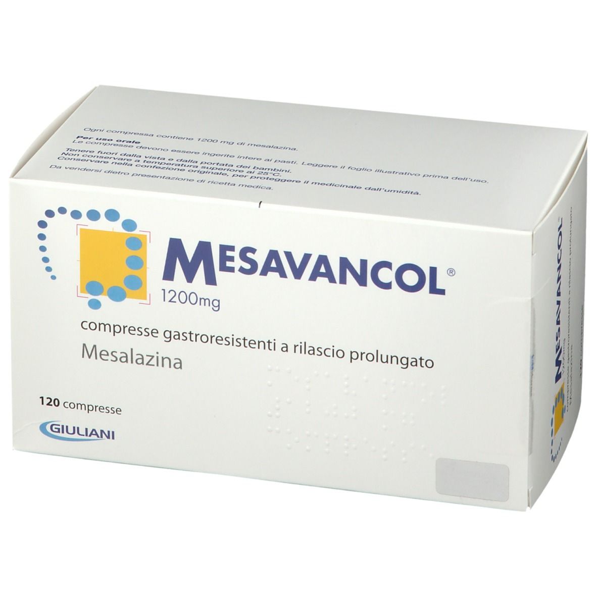 Weiße Schachtel Mesavancol 1200 mg. Blaue und gelbe Grafik. 120 Tabletten. Giuliani Logo.
