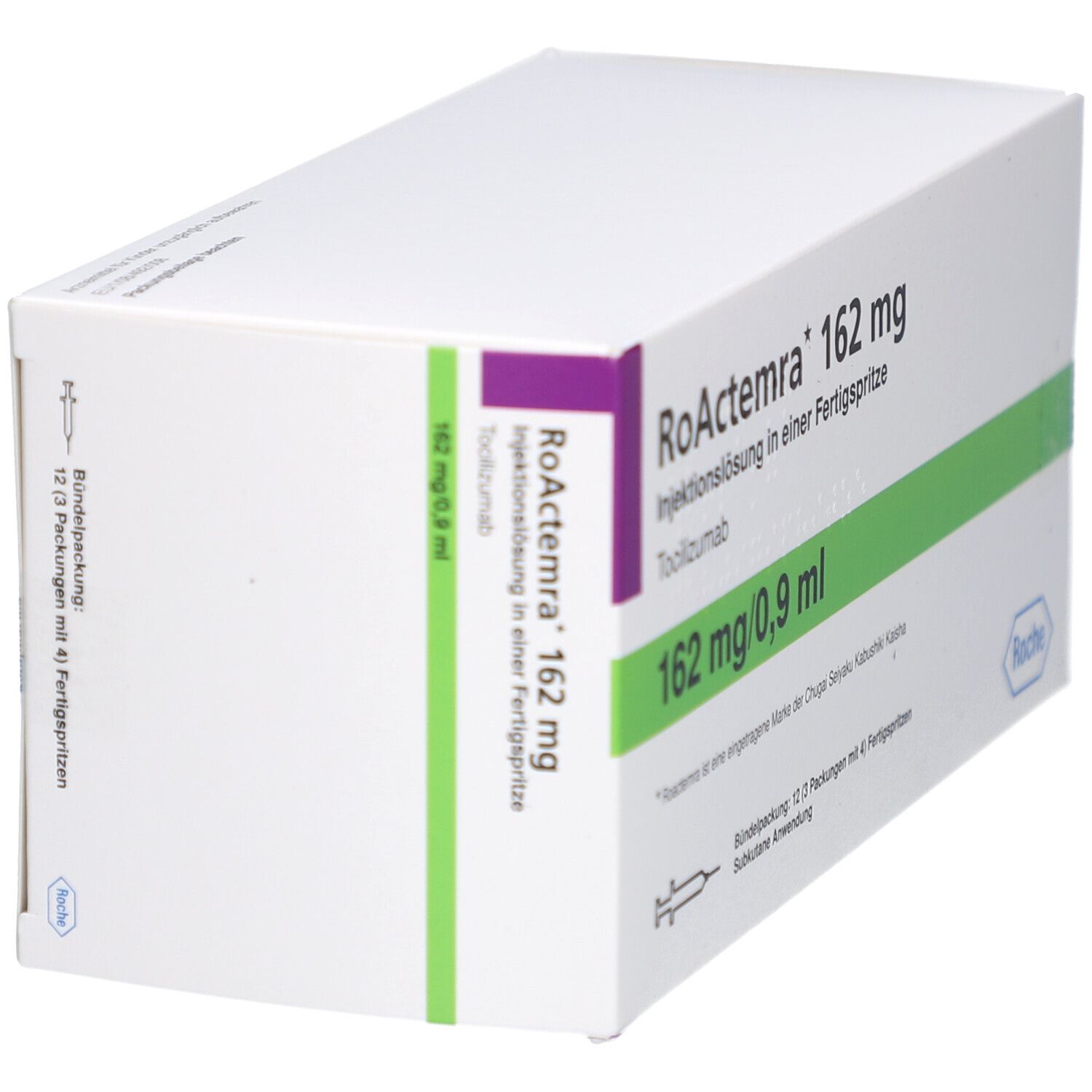 Schräg gestellte weiße Kartonverpackung mit grünen und violetten Akzenten. Beschriftung: RoActemra 162 mg. Roche-Logo.