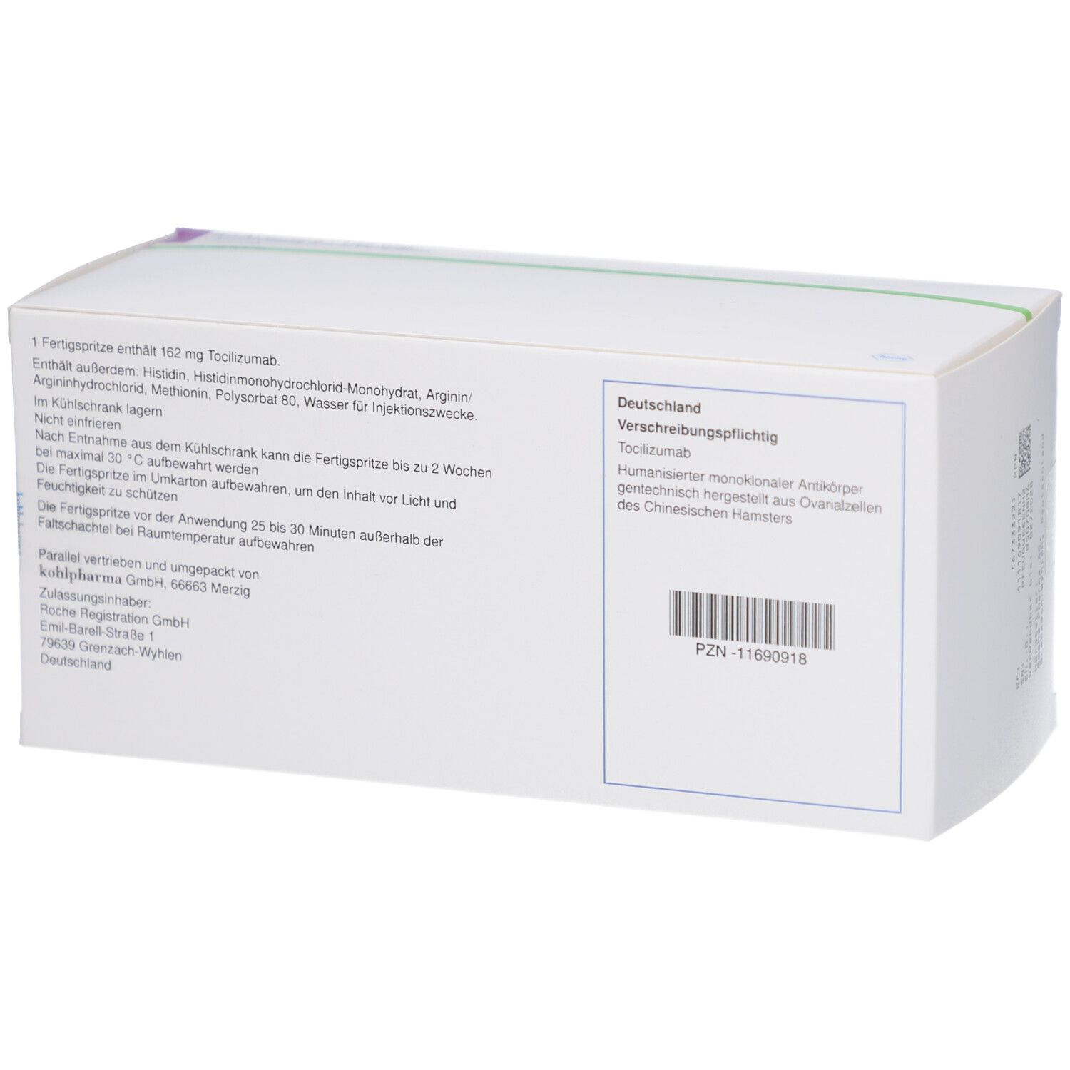 Rückseite des weißen Kartons. Textinformationen und Barcode. Beschriftung: Deutschland, Verschreibungspflichtig.