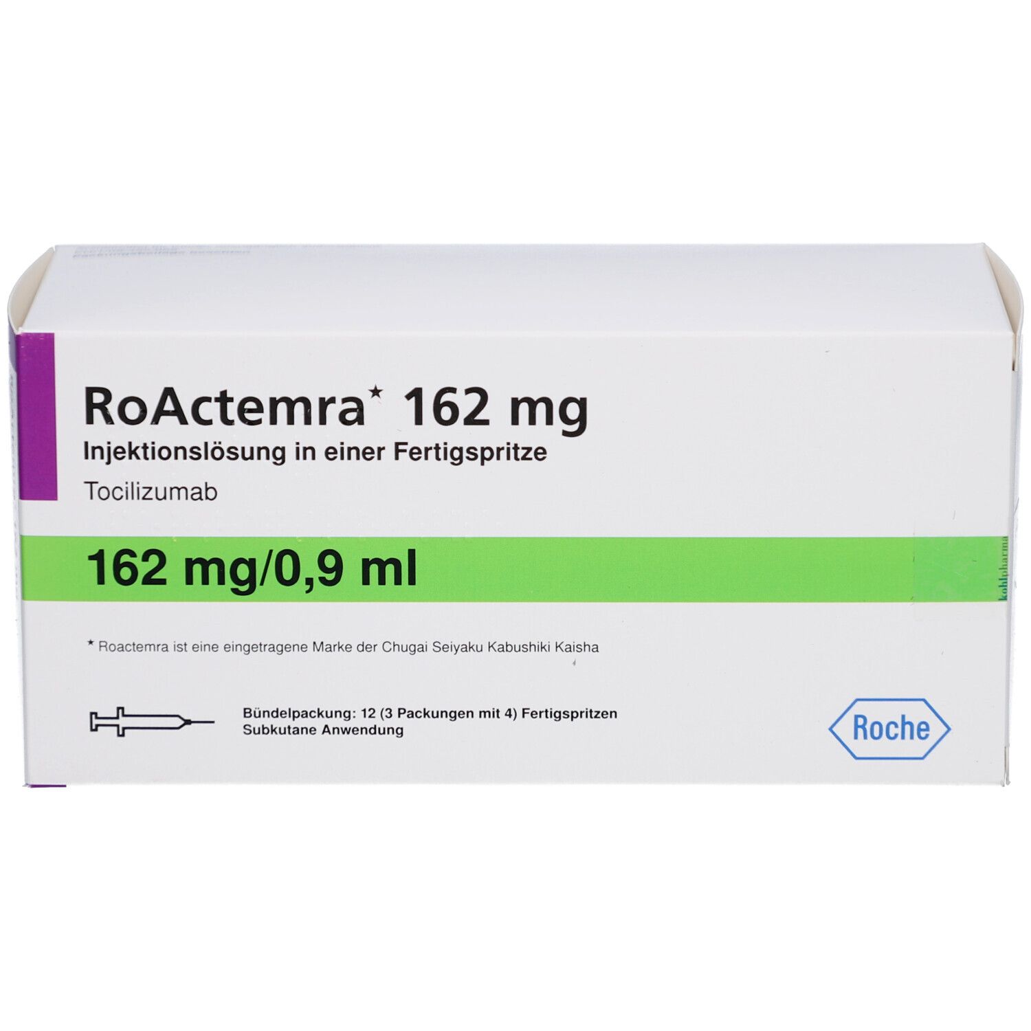 Weißer Karton mit grünen und violetten Akzenten. Beschriftung: RoActemra 162 mg Injektionslösung. Roche-Logo.