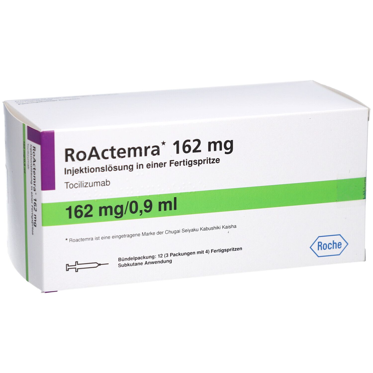 Weißer Karton mit grünen und violetten Akzenten. Beschriftung: RoActemra 162 mg Injektionslösung. Roche-Logo.