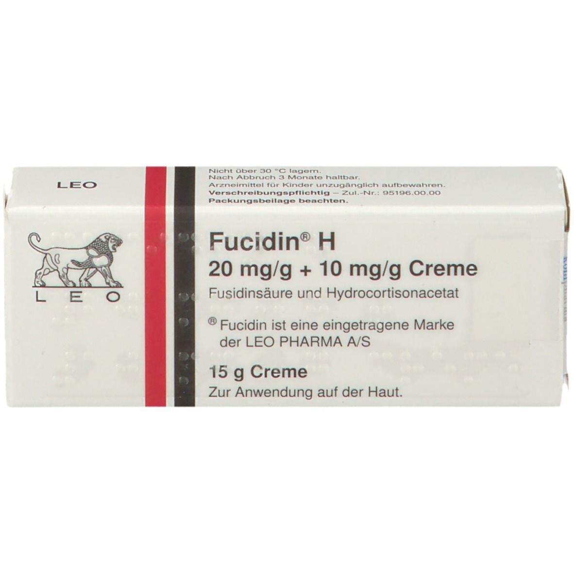 Fucidin H Creme 15g Schachtel mit Löwenlogo und Produktinformationen.