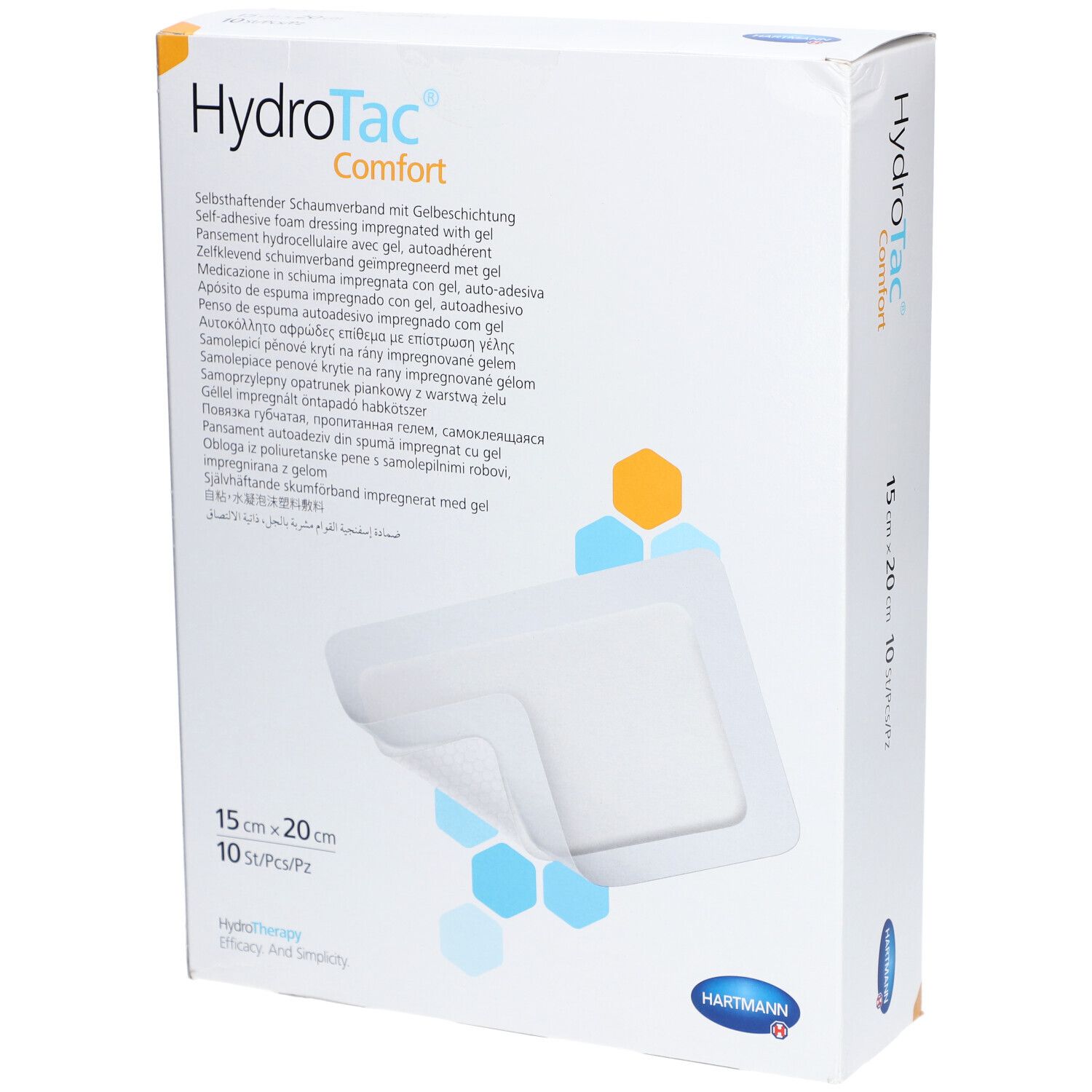Verpackung von HydroTac® comfort Schaumverband. Zeigt einen weißen Verband, 15 x 20 cm, 10 Stück pro Packung. Hartmann Logo.