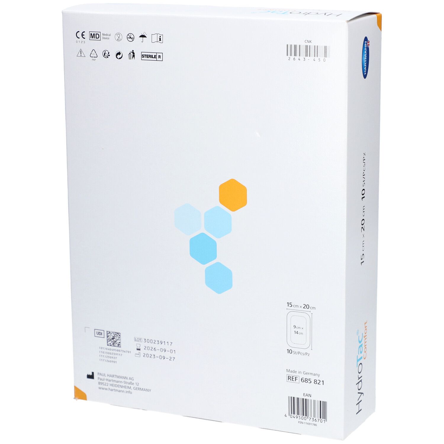 Rückseite der HydroTac® comfort Verpackung. Enthält Produktinformationen, Chargennummer, Verfallsdatum und das Hartmann Logo.