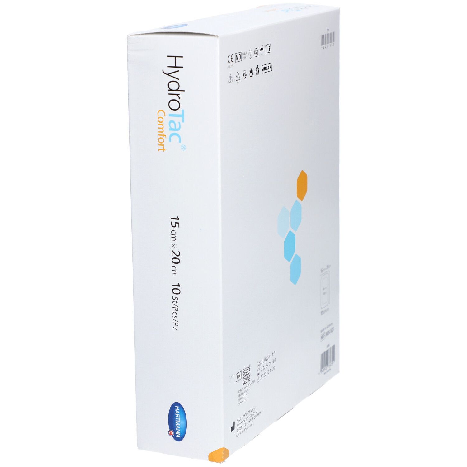 HydroTac® comfort Verpackung, schräg. Zeigt Produktinformationen und das Hartmann Logo. 15 x 20 cm, 10 Stück pro Packung.