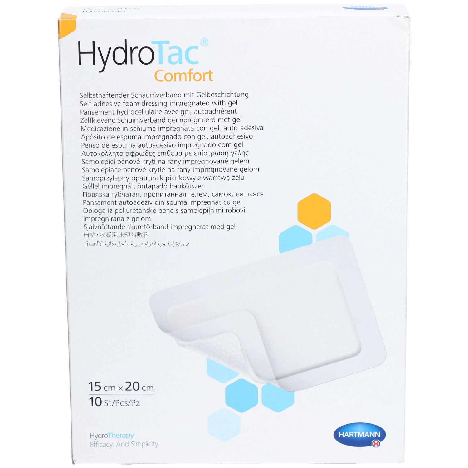 Vorderseite der HydroTac® comfort Verpackung. Zeigt einen weißen Verband, 15 x 20 cm, 10 Stück pro Packung. Hartmann Logo.