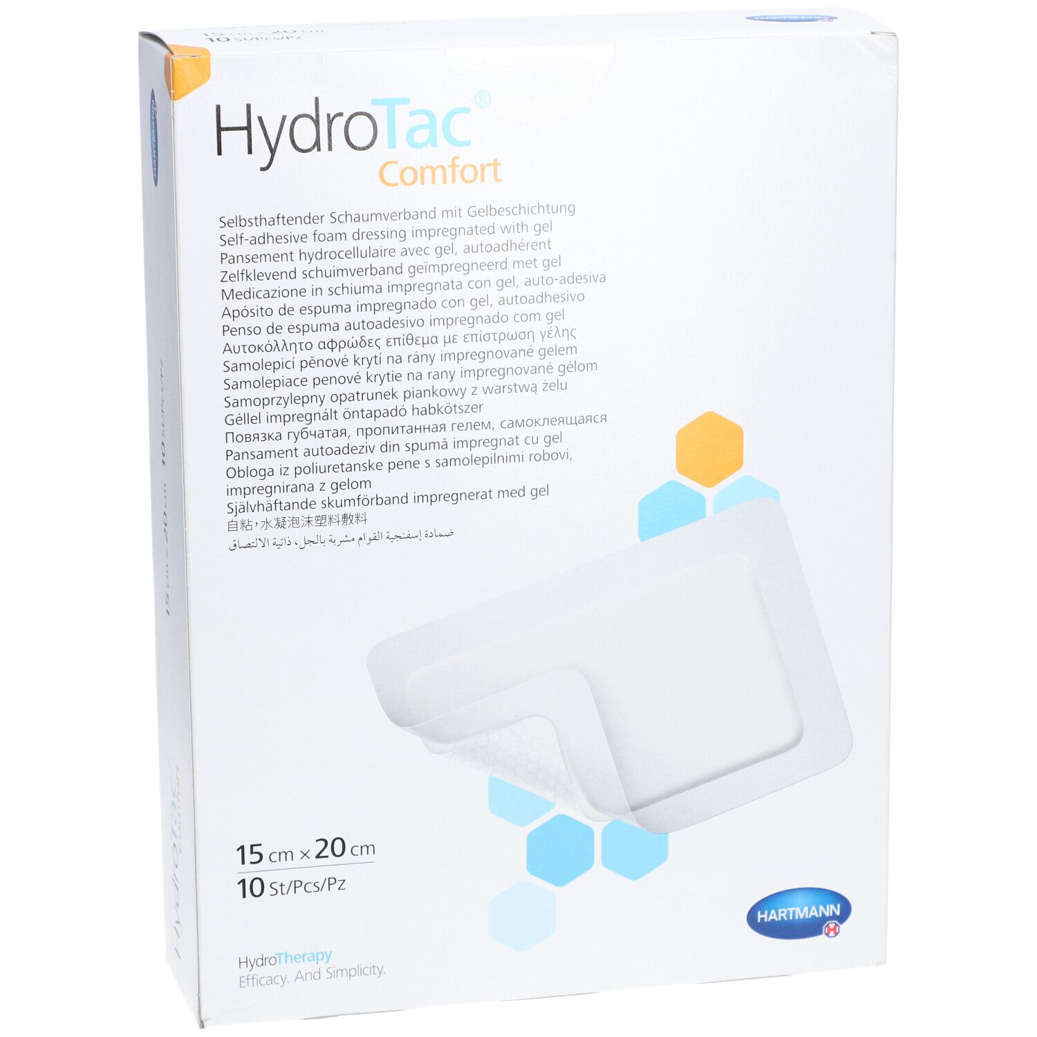 Vorderseite der HydroTac® comfort Verpackung. Zeigt einen weißen Verband, 15 x 20 cm, 10 Stück pro Packung. Hartmann Logo.