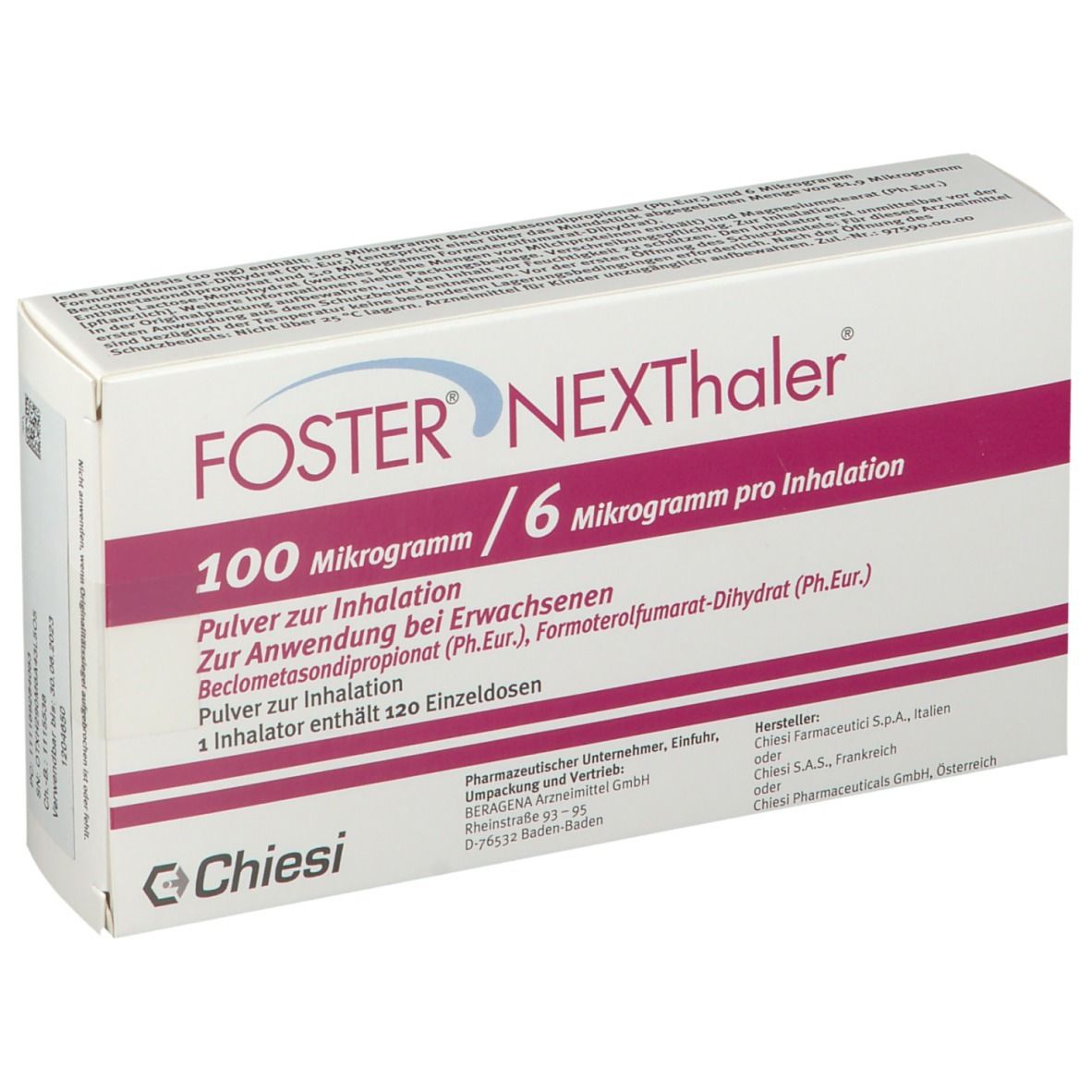 Weiße Schachtel mit lila Akzenten. Aufschrift: FOSTER NEXTHaler, 100 Mikrogramm / 6 Mikrogramm pro Inhalation. Enthält 120 Einzeldosen. Logo: Chiesi.