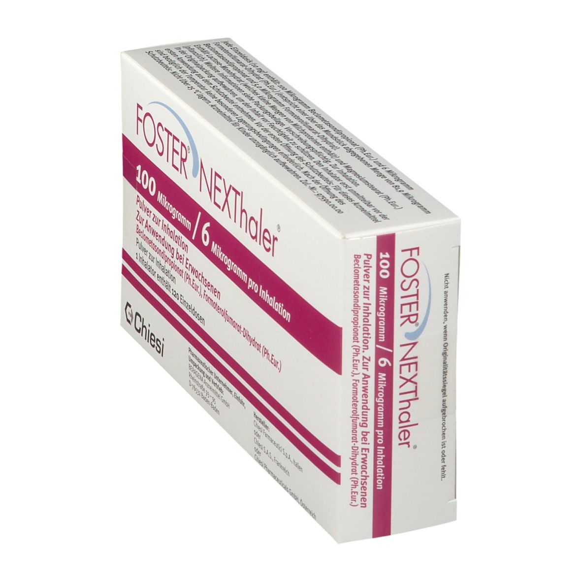 Schachtel, schräg von oben. Aufschrift: FOSTER NEXTHaler, 100 Mikrogramm / 6 Mikrogramm pro Inhalation. Logo: Chiesi. Text in Deutsch.