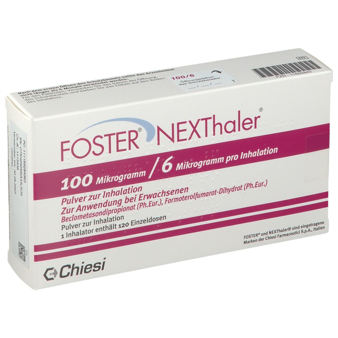 Weiße Schachtel mit lila Akzenten. Aufschrift: FOSTER NEXTHaler, 100 Mikrogramm / 6 Mikrogramm pro Inhalation. Logo: Chiesi. Text in Deutsch.
