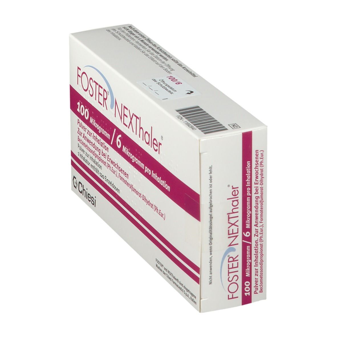 Schachtel, schräg von oben. Aufschrift: FOSTER NEXTHaler, 100 Mikrogramm / 6 Mikrogramm pro Inhalation. Logo: Chiesi. Text in Deutsch.