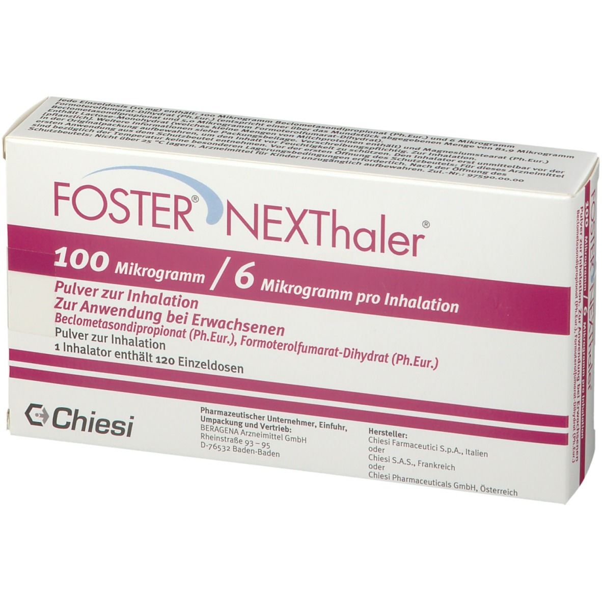 Weiße Schachtel mit lila Akzenten. Aufschrift: FOSTER NEXTHaler, 100 Mikrogramm / 6 Mikrogramm pro Inhalation. Logo: Chiesi. Text in Deutsch.
