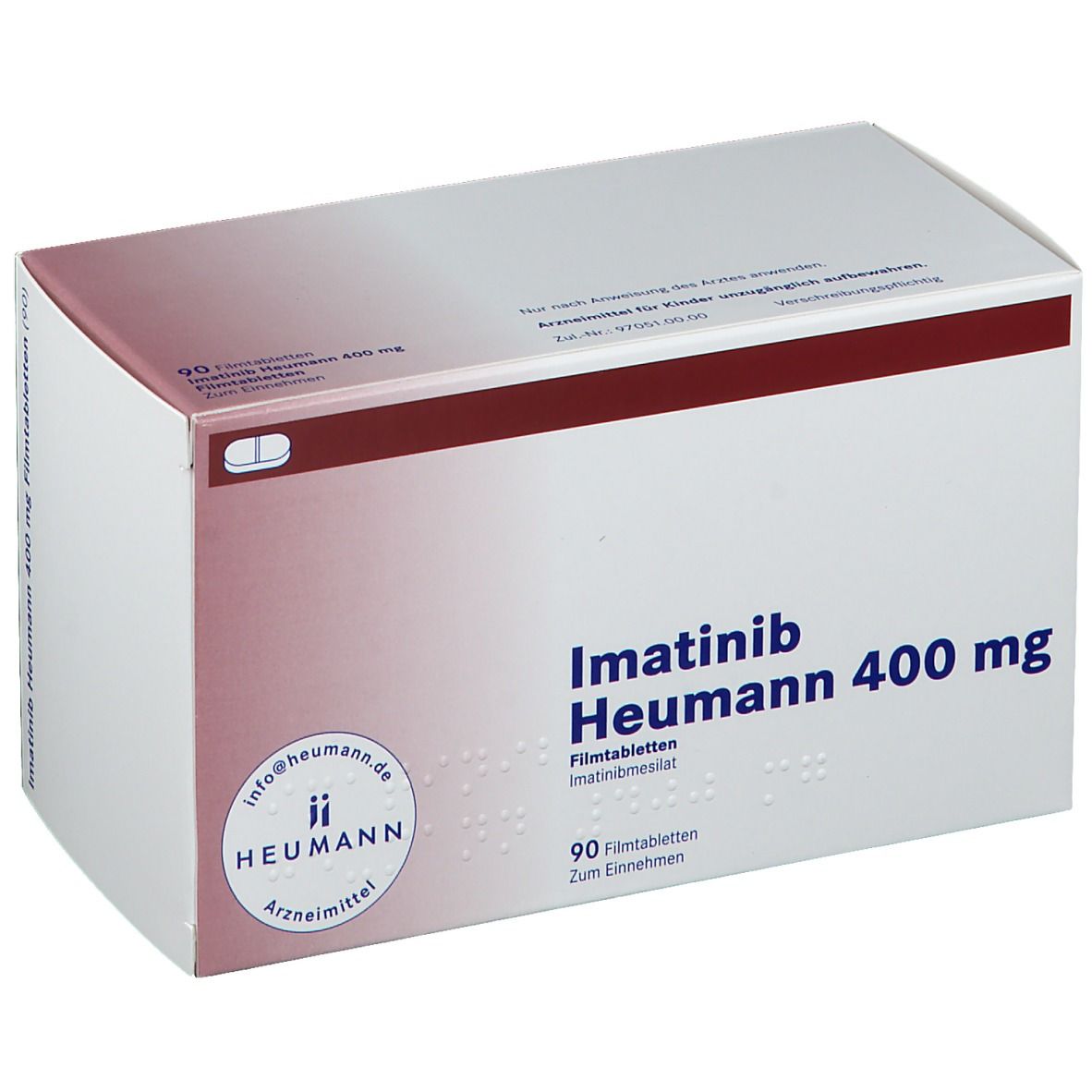 Schachtel mit Imatinib Heumann 400 mg. Weiße Verpackung mit rotem Akzent. Text: Imatinib Heumann 400 mg, 90 Filmtabletten.