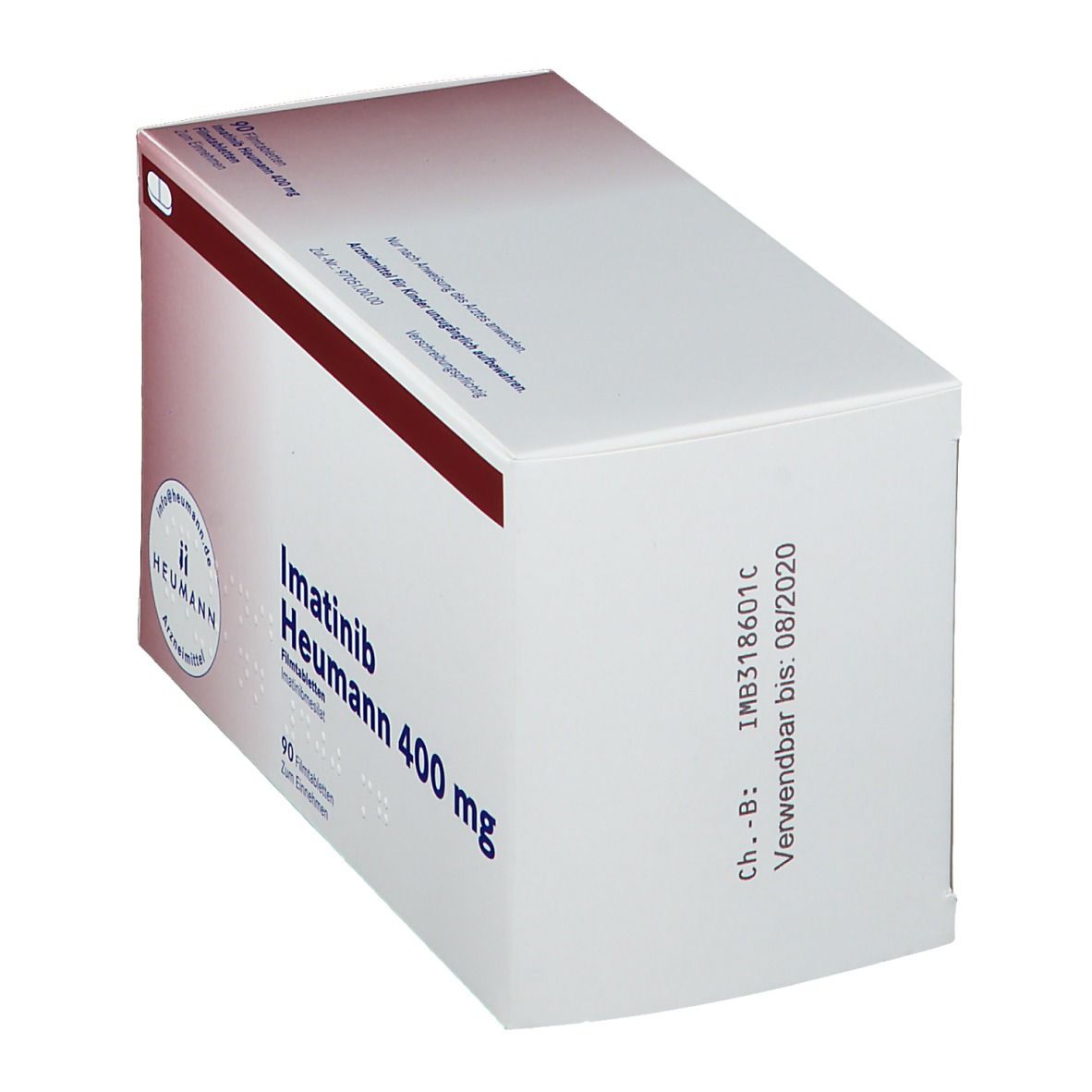 Schachtel Imatinib Heumann 400 mg. Weiße Verpackung mit rotem Akzent. Text: Imatinib Heumann 400 mg, Verwendbar bis 08/2020.