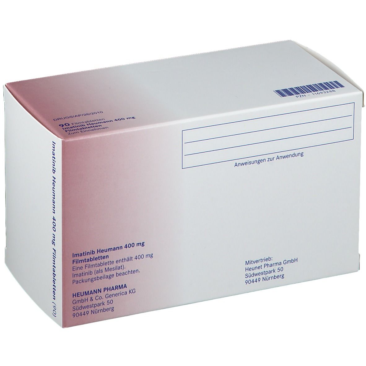 Schachtel Imatinib Heumann 400 mg. Weiße Verpackung mit rotem Akzent. Text: Imatinib Heumann 400 mg, 90 Filmtabletten. Rückseite.