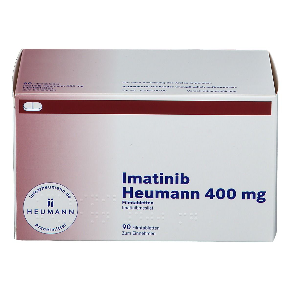 Schachtel Imatinib Heumann 400 mg. Weiße Verpackung mit rotem Akzent. Text: Imatinib Heumann 400 mg, 90 Filmtabletten.