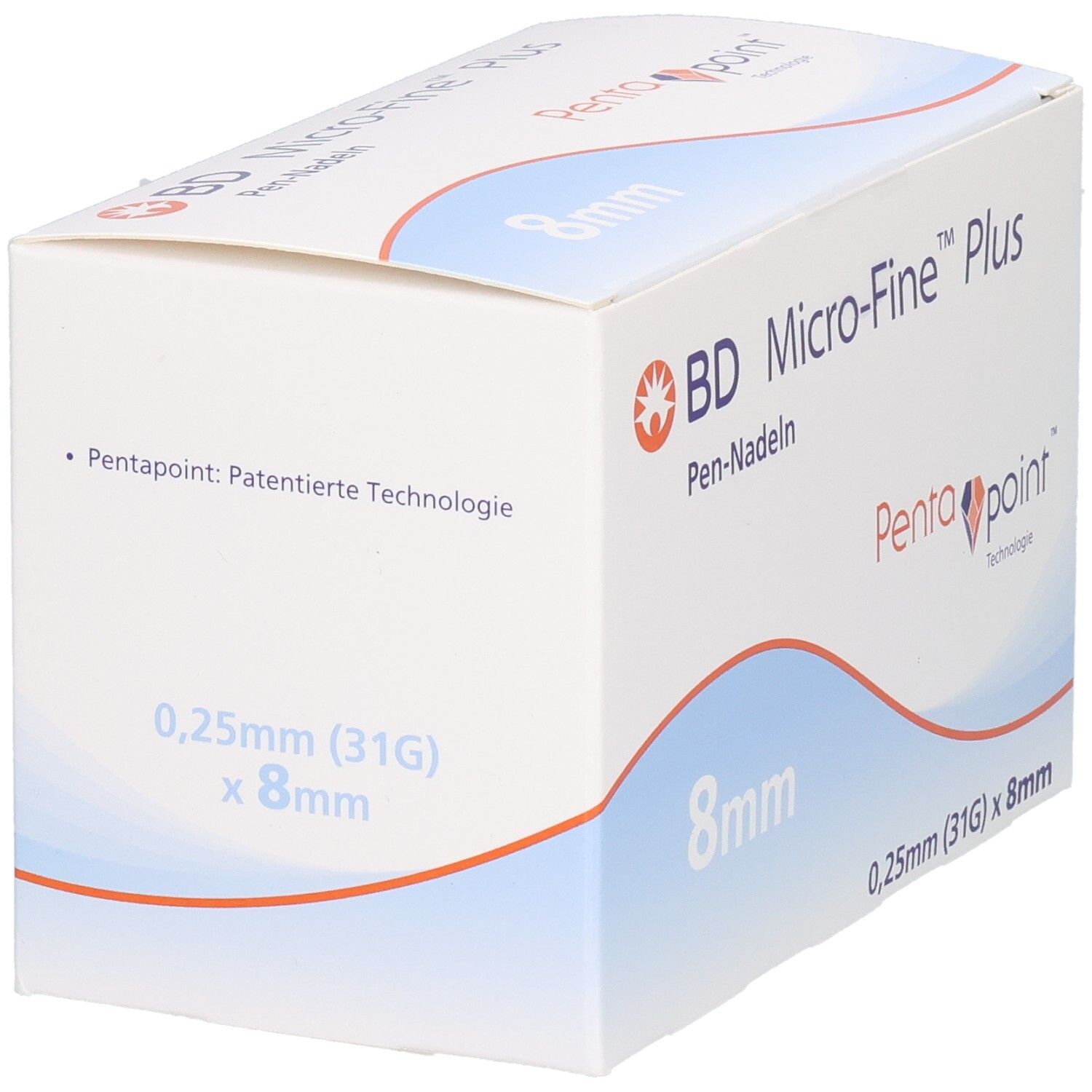 Schachtel von BD Micro-Fine+ Pen-Nadeln. 8mm, 0,25mm (31G). Produktinformationen und PENTA-POINT Technologie.
