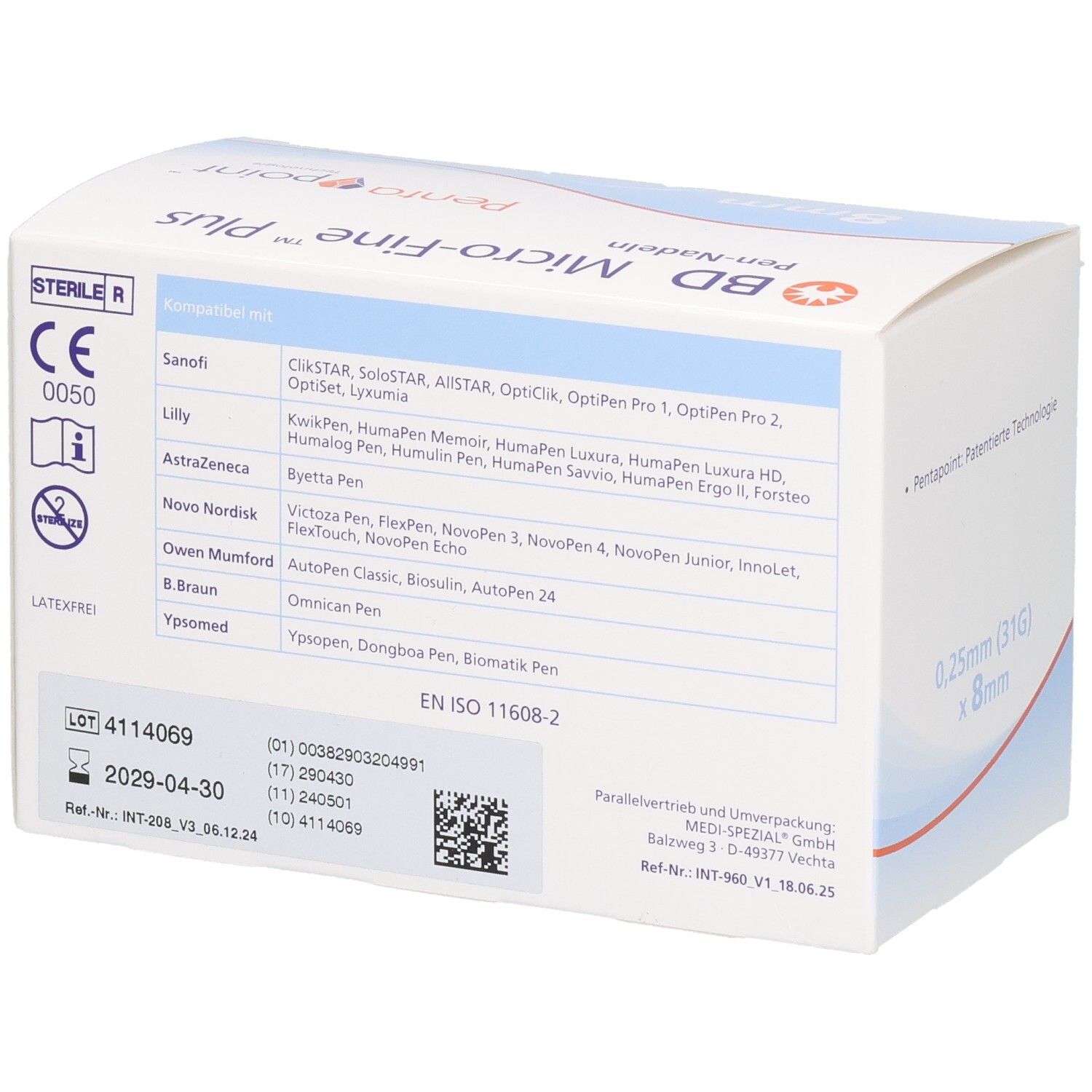 Rückseite der Verpackung von BD Micro-Fine+ Pen-Nadeln. Enthält Informationen zu Kompatibilität und Chargennummer.