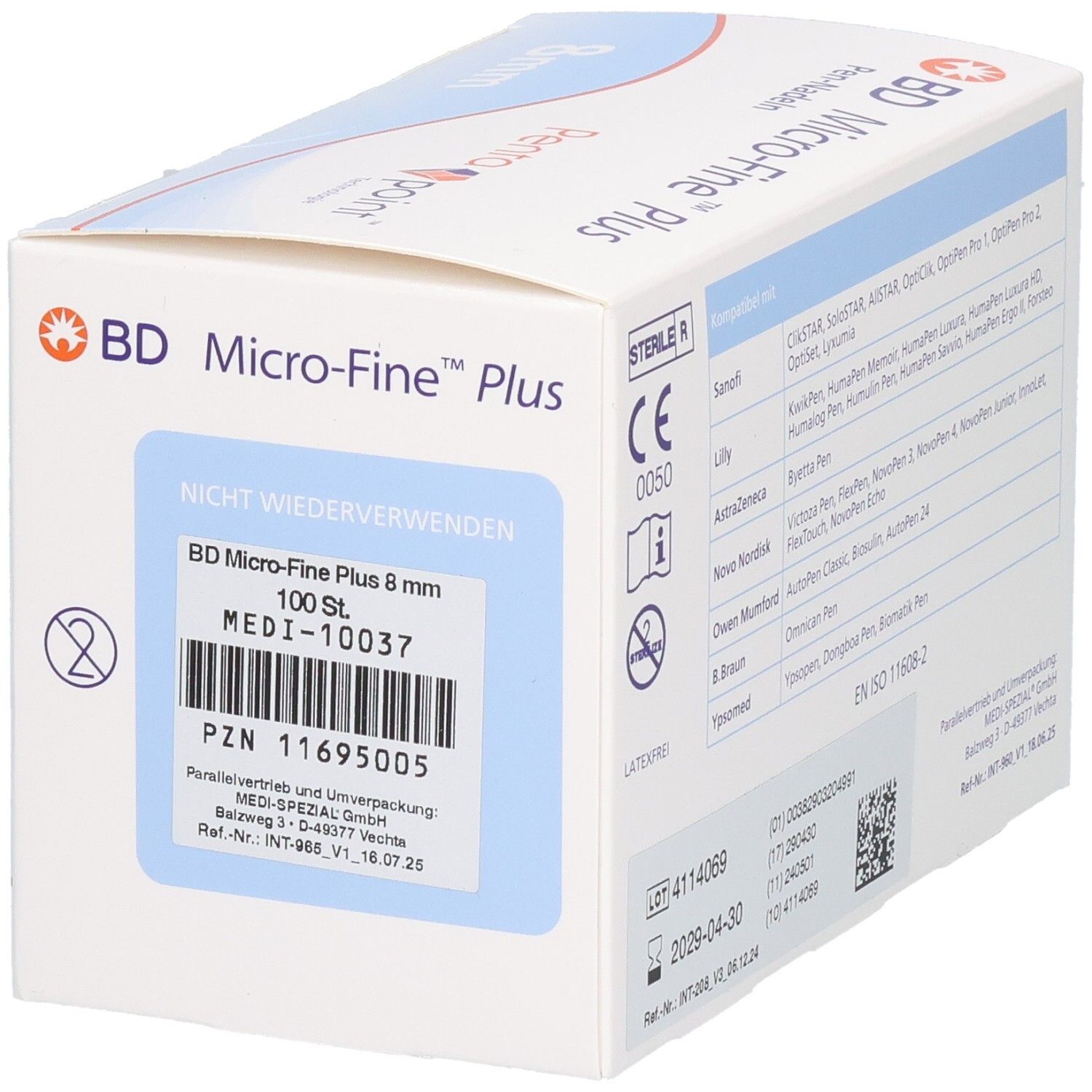 Verpackung von BD Micro-Fine+ Pen-Nadeln. 100 Stück. Produktinformationen und Chargennummer.