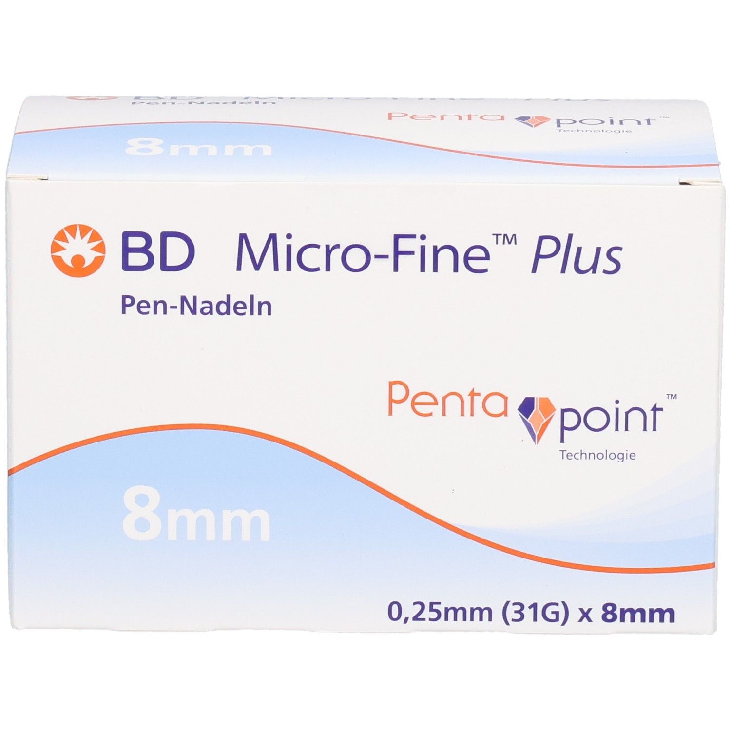 Verpackung von BD Micro-Fine+ Pen-Nadeln. 8mm, 0,25mm (31G). Blaue und weiße Schachtel mit Produktinformationen.