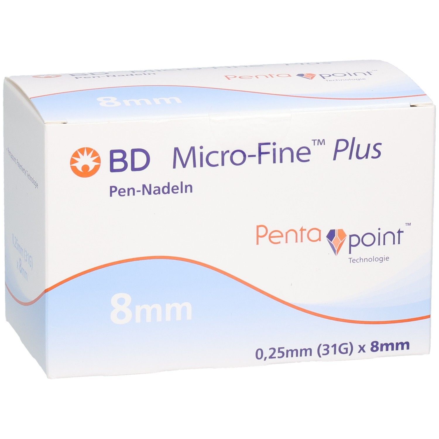 Verpackung von BD Micro-Fine+ Pen-Nadeln. 8mm, 0,25mm (31G). Blaue und weiße Schachtel mit Produktinformationen.