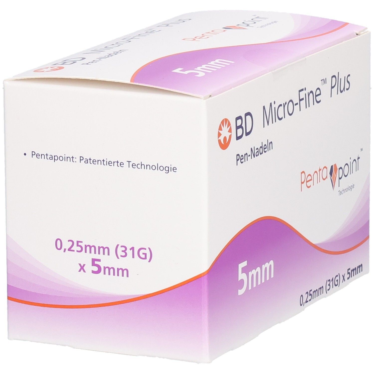 Verpackung mit Pen-Nadeln. Aufschrift: BD Micro-Fine Plus, 5mm, 0,25mm (31G) x 5mm. Pentapoint Technologie.