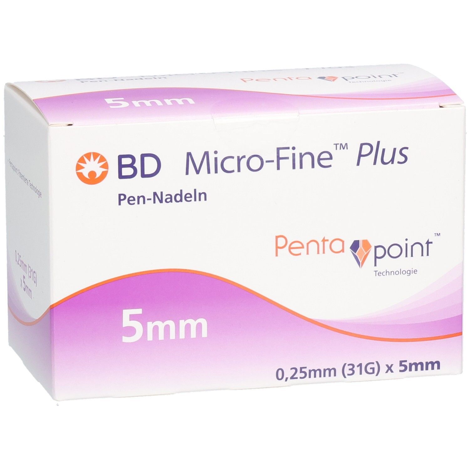 Verpackung mit Pen-Nadeln. Aufschrift: BD Micro-Fine Plus, 5mm, 0,25mm (31G) x 5mm. Lila und weiße Farbgebung.