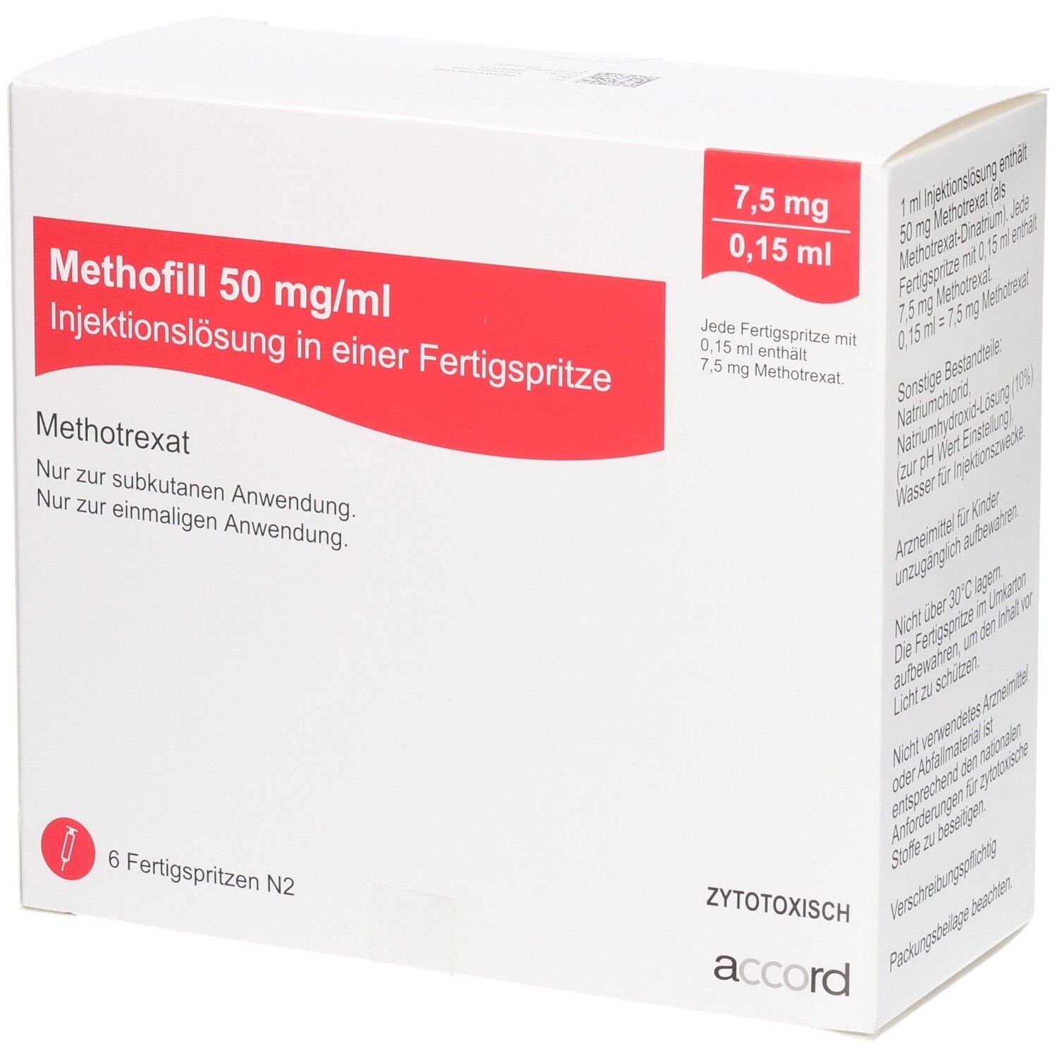 Methofill 50 mg/ml Injektionslösung in Fertigspritze, 6x 7,5 mg/0,15 ml Methotrexat.
