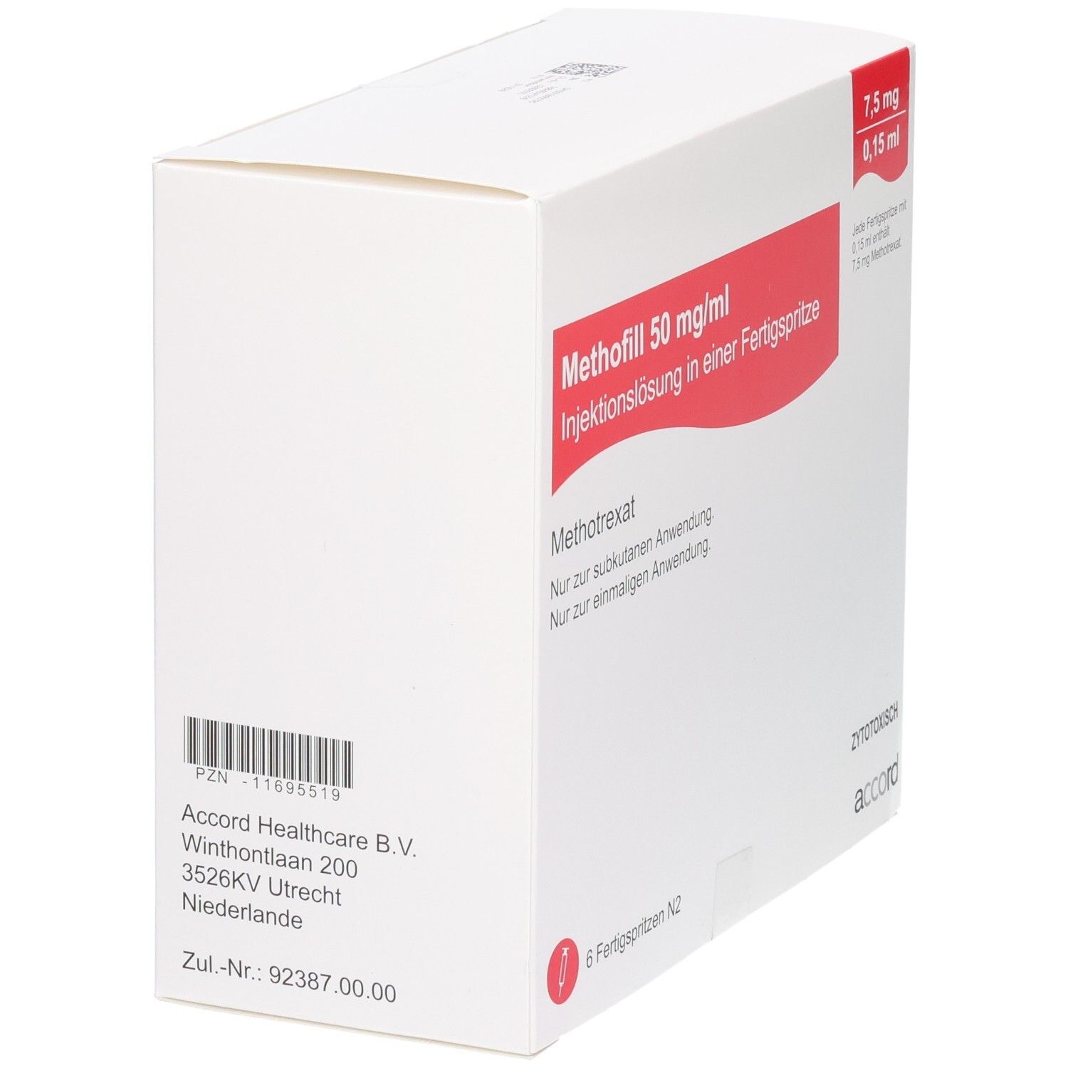Methofill 50 mg/ml Injektionslösung in einer Fertigspritze. Packung mit PZN und Herstellerinformationen.