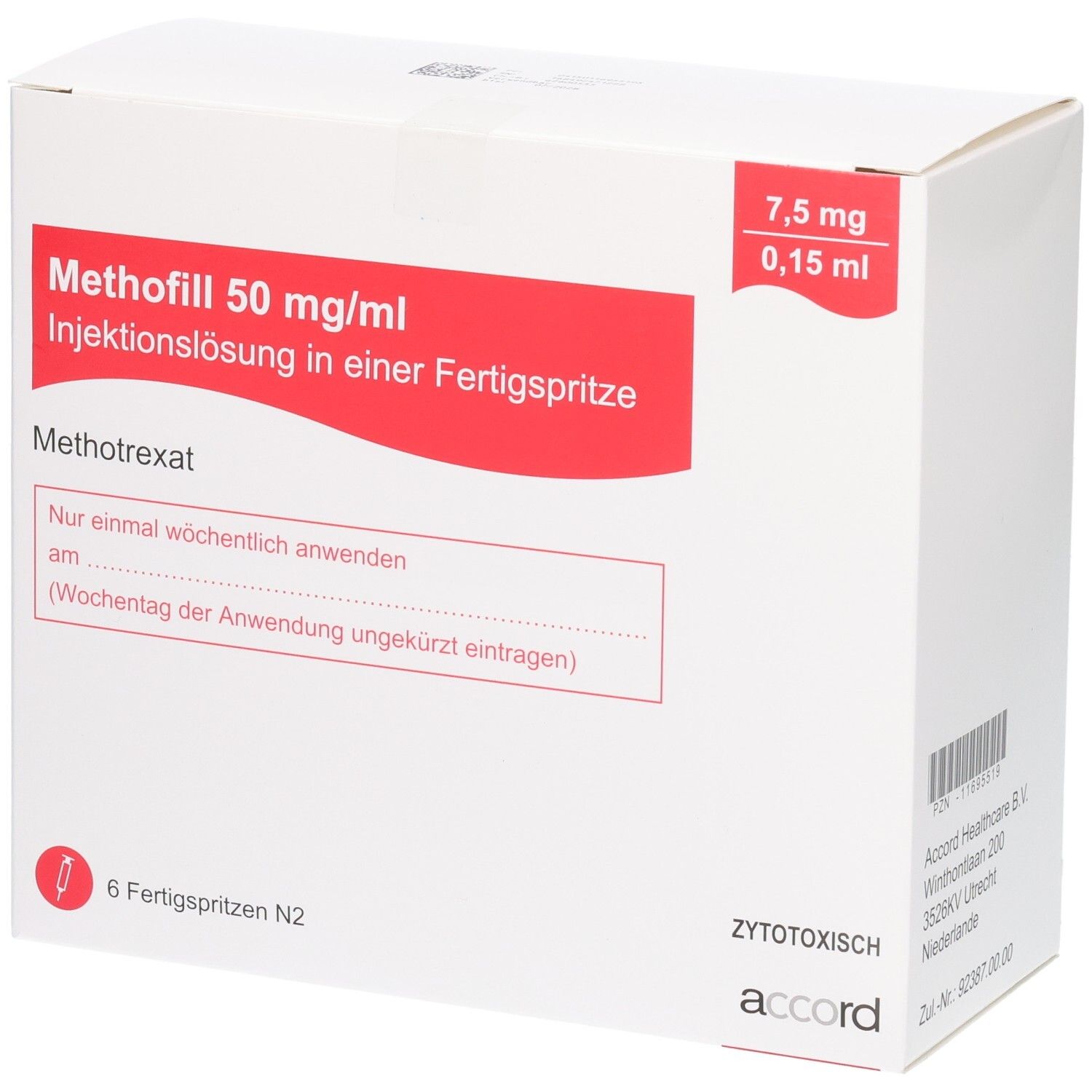 Methofill 50 mg/ml Injektionslösung in einer Fertigspritze.