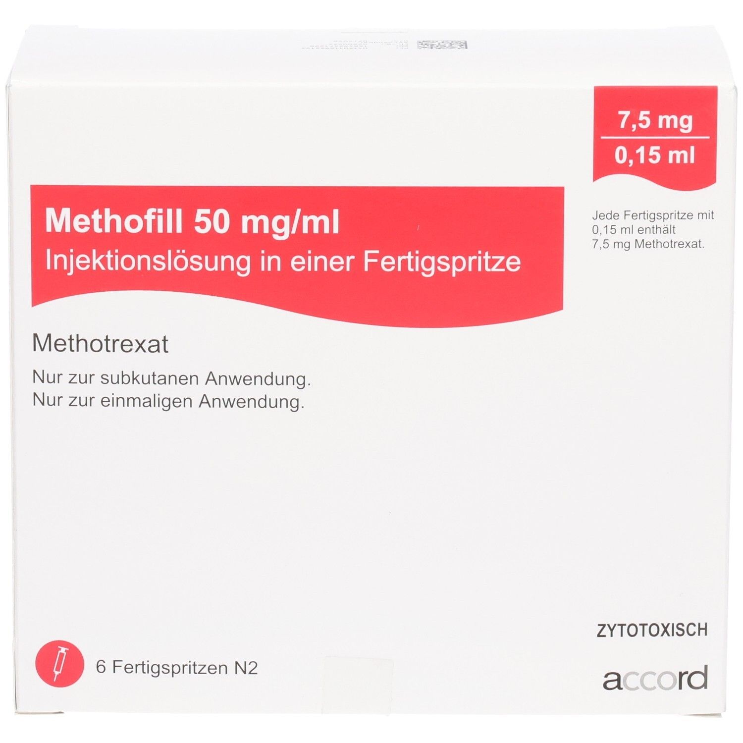 Packung Methofill 50 mg/ml Injektionslösung in einer Fertigspritze, 6 Stück.