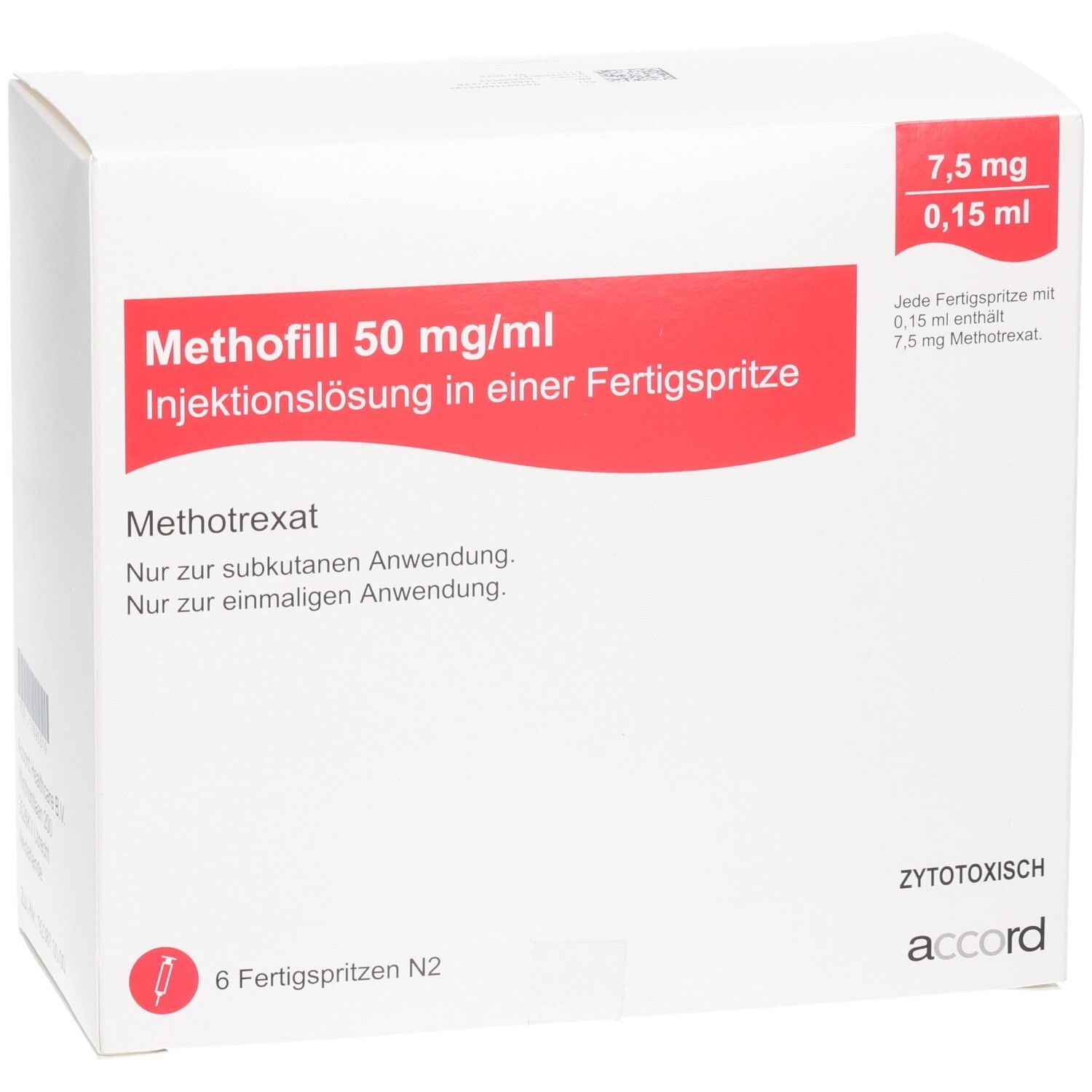 Methofill 50 mg/ml Injektionslösung in Fertigspritze, 6 Stück.