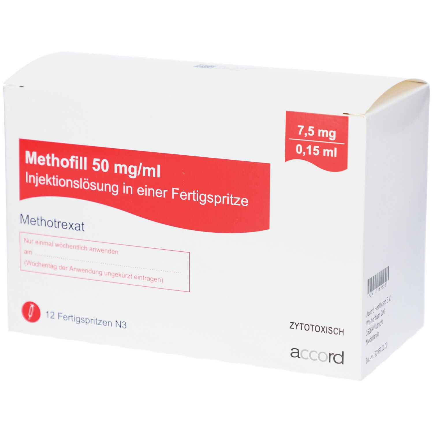 Weiße Faltschachtel mit roter Schrift. Aufschrift: Methofill 50 mg/ml Injektionslösung. 12 Fertigspritzen. Accord.