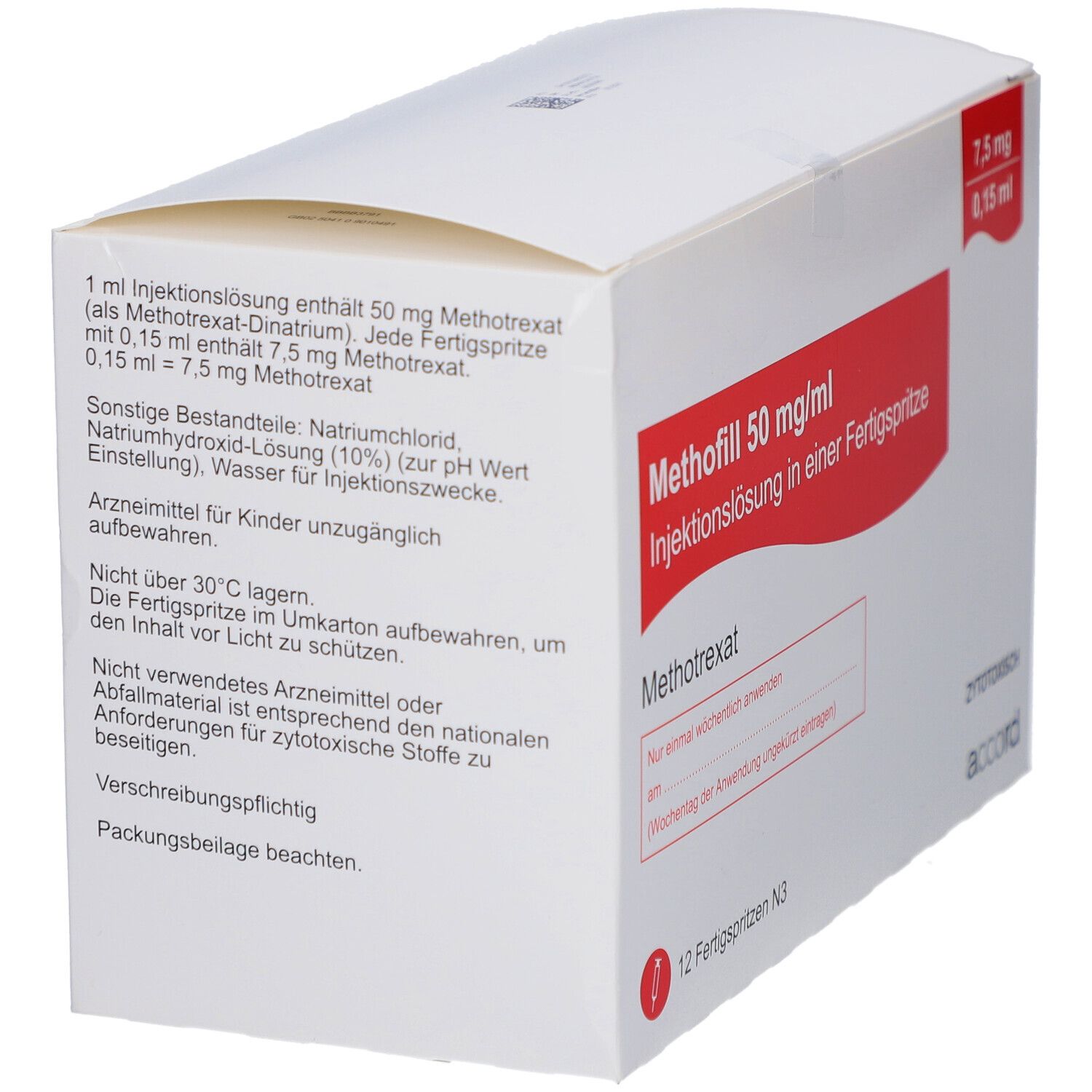 Weiße Faltschachtel mit roter Schrift. Aufschrift: Methofill 50 mg/ml Injektionslösung. 12 Fertigspritzen. Accord. Text mit Inhaltsstoffen.