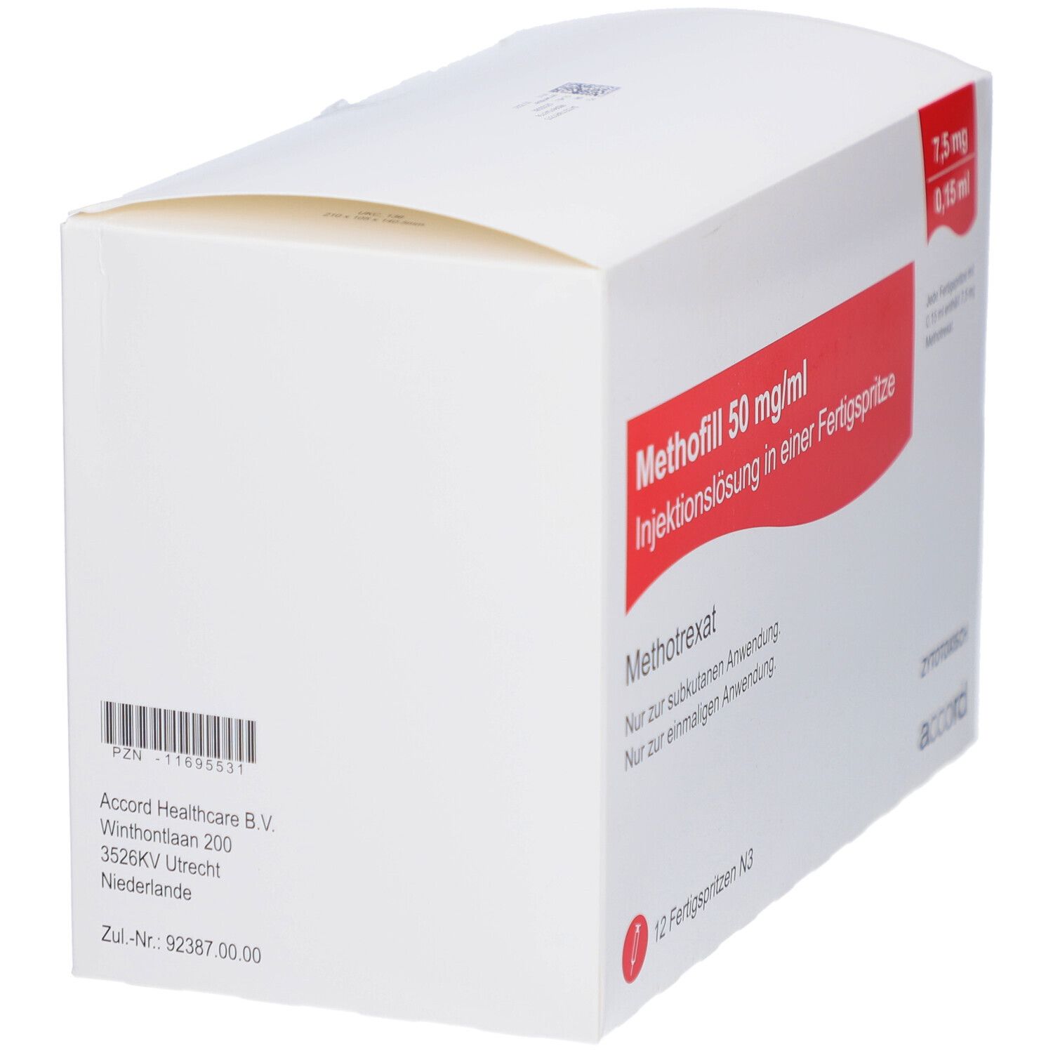 Weiße Faltschachtel mit roter Schrift. Aufschrift: Methofill 50 mg/ml Injektionslösung. 12 Fertigspritzen. Accord. Barcode.
