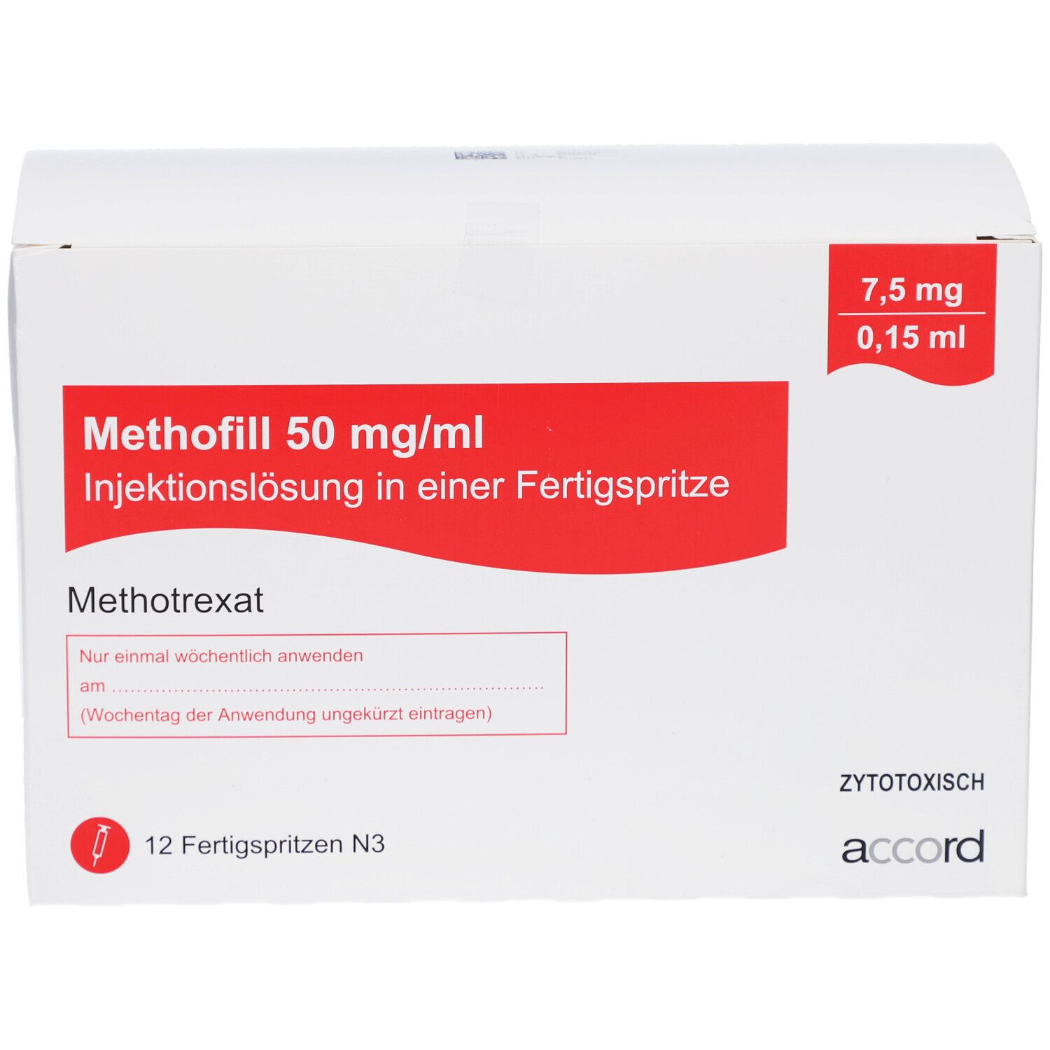 Weiße Faltschachtel mit roter Schrift. Aufschrift: Methofill 50 mg/ml Injektionslösung. 12 Fertigspritzen. Accord.