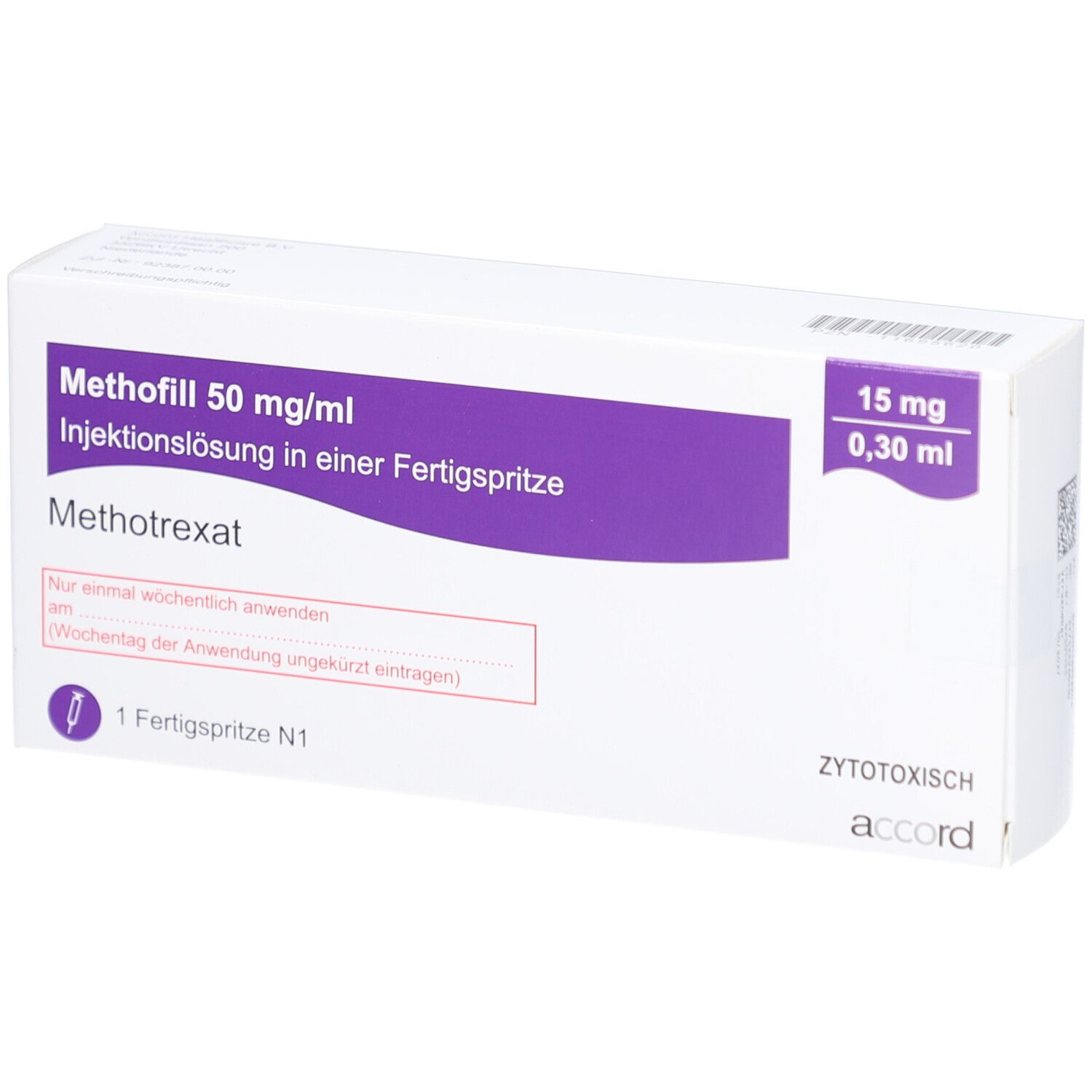 Weißer Karton mit lila Akzenten. Beschriftung: Methofill 50 mg/ml Injektionslösung, 15 mg/0,30 ml. Enthält eine Fertigspritze.