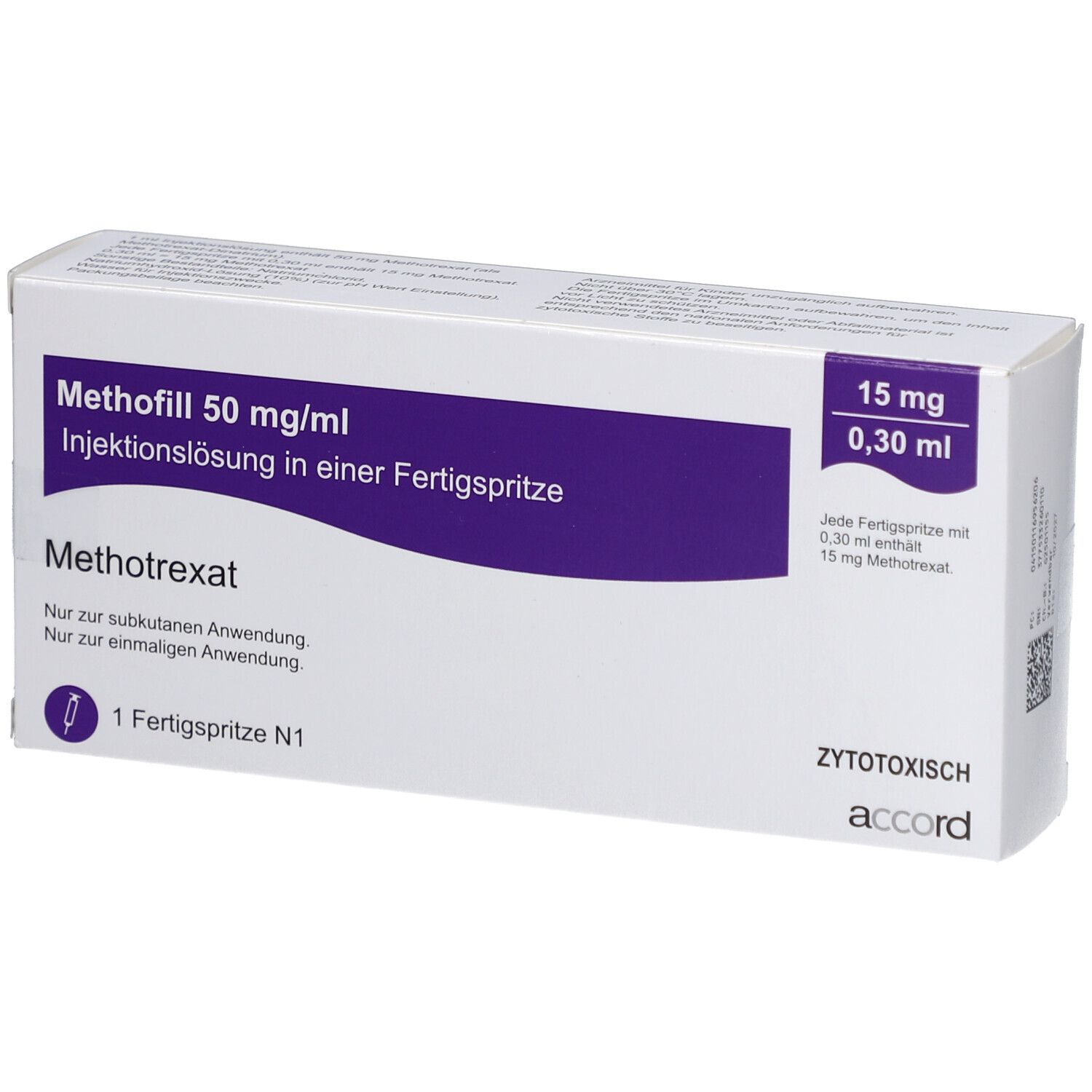 Weiße Schachtel mit lila Akzenten. Beschriftung: Methofill 50 mg/ml Injektionslösung, 15 mg/0,30 ml. Enthält eine Fertigspritze.